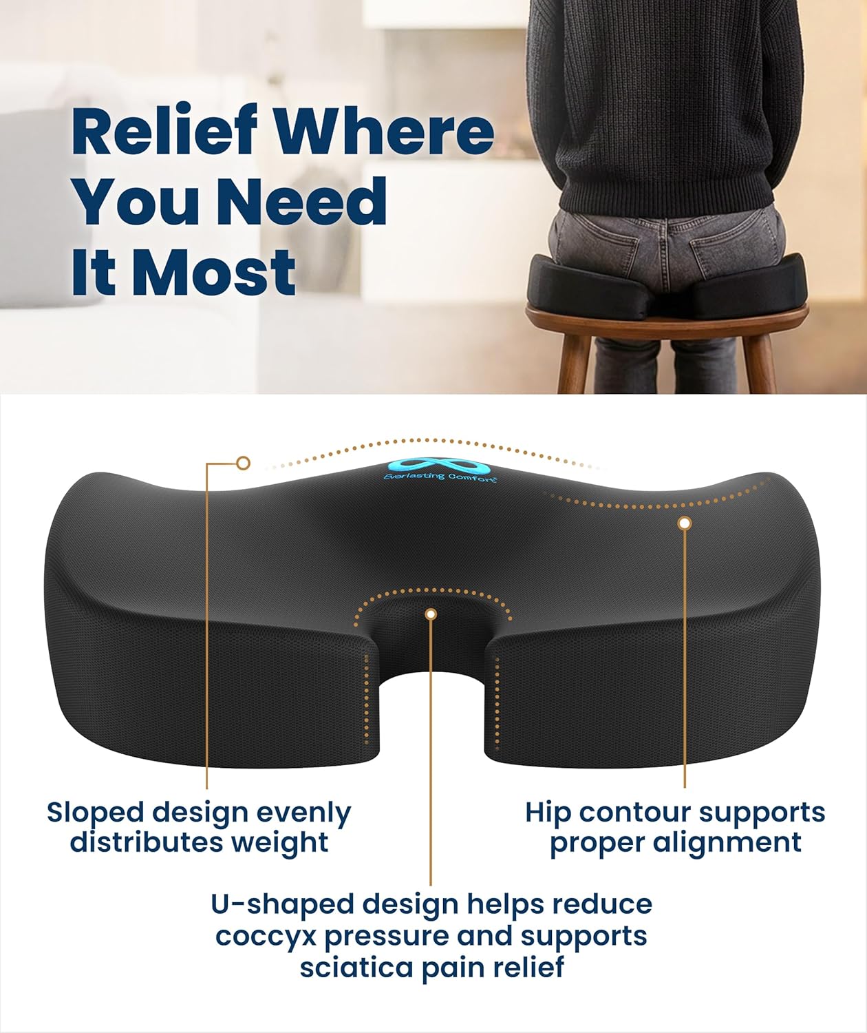 Memory foam seat cushion with ergonomic design in black, shown on office chair — view 3