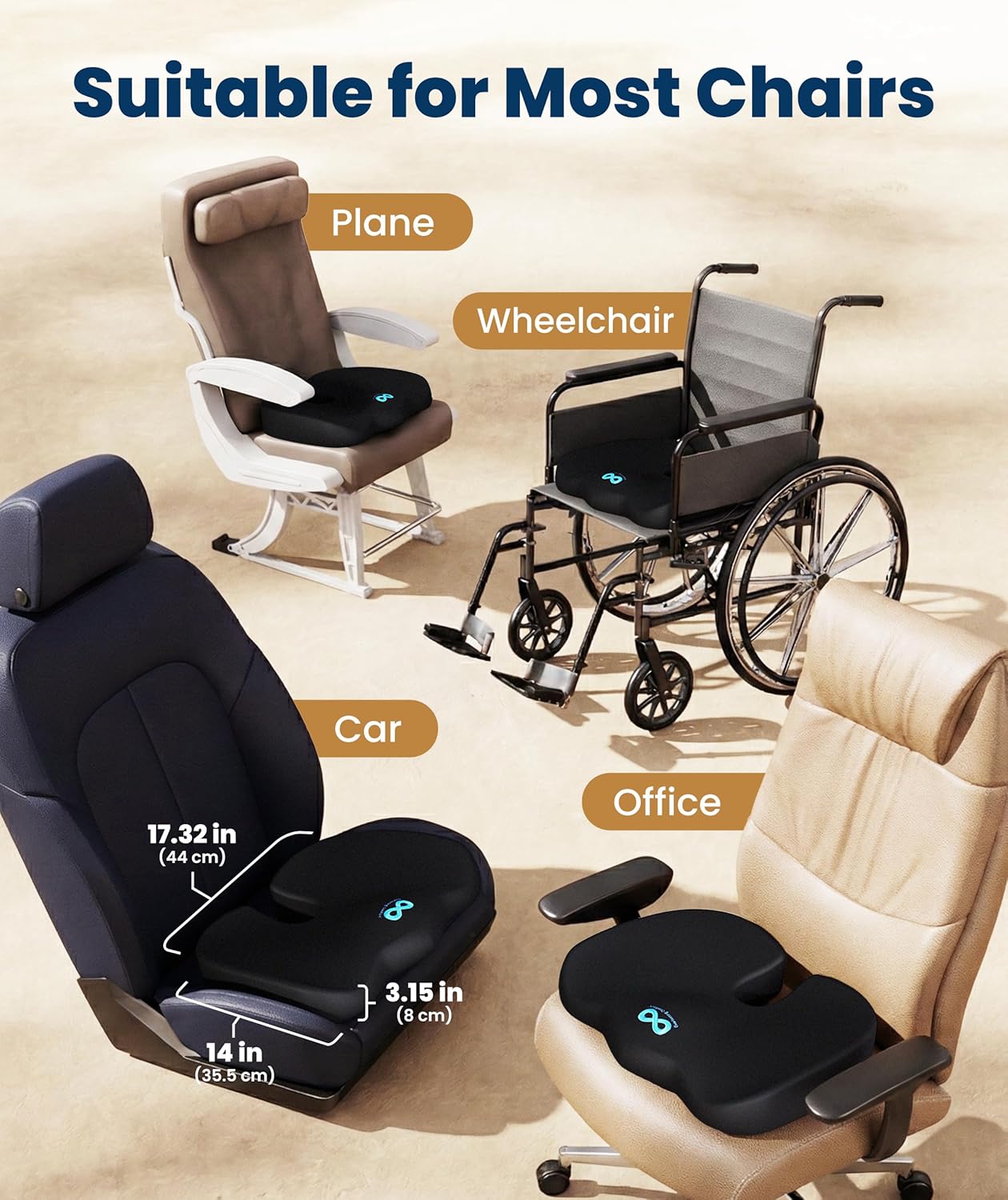 Memory foam seat cushion with ergonomic design in black, shown on office chair — view 2