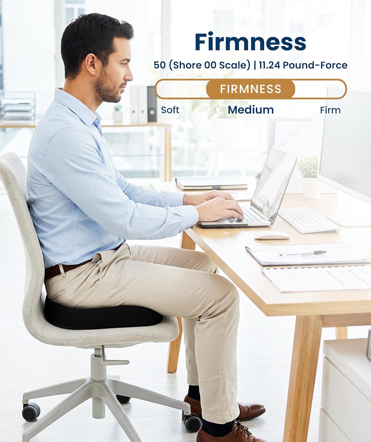 Memory foam seat cushion with ergonomic design in black, shown on office chair — view 3