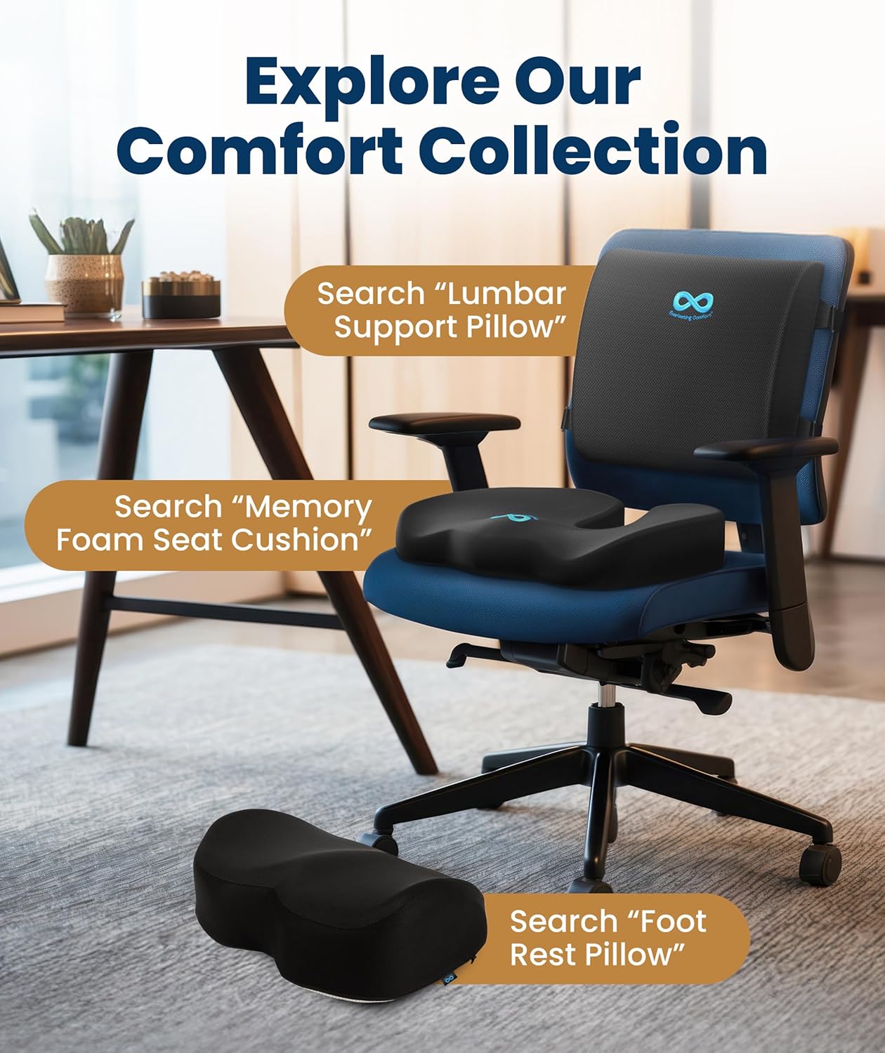 Memory foam seat cushion with ergonomic design in black, shown on office chair — view 5
