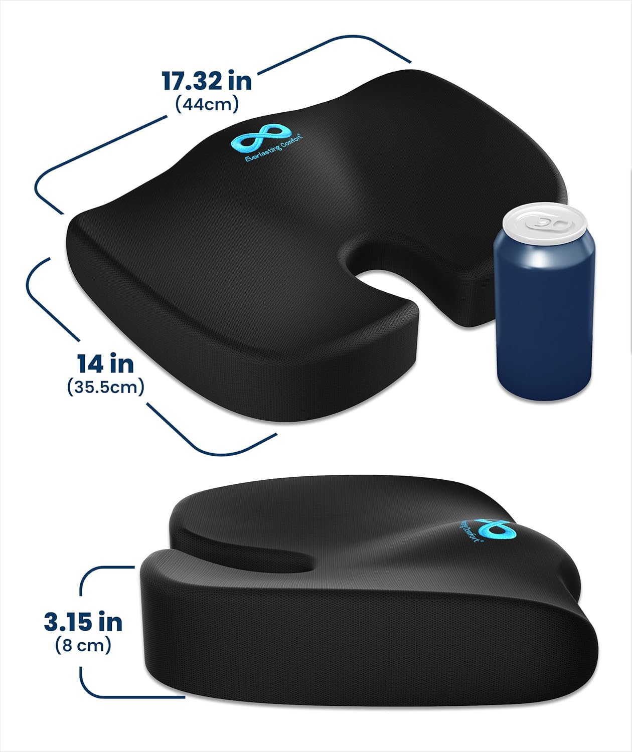 Memory foam seat cushion with ergonomic design in black, shown on office chair — view 3a