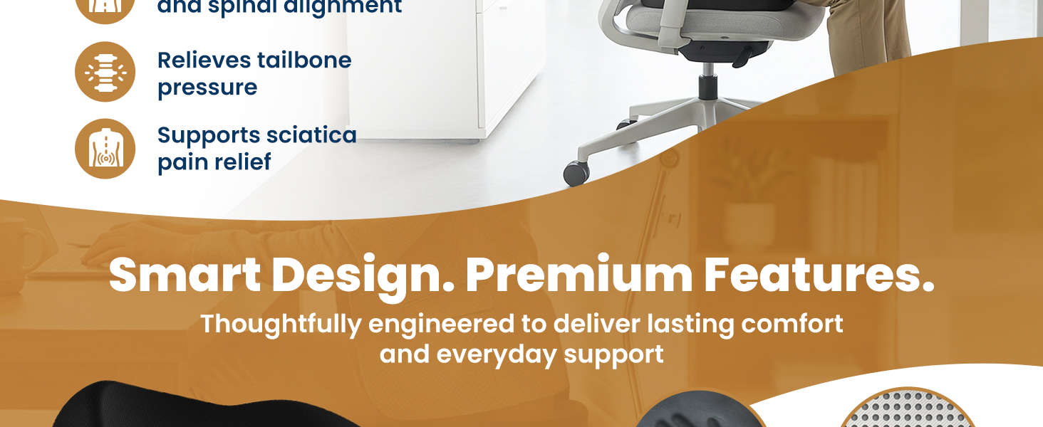 Memory foam seat cushion with ergonomic design in black, shown on office chair — view 7b