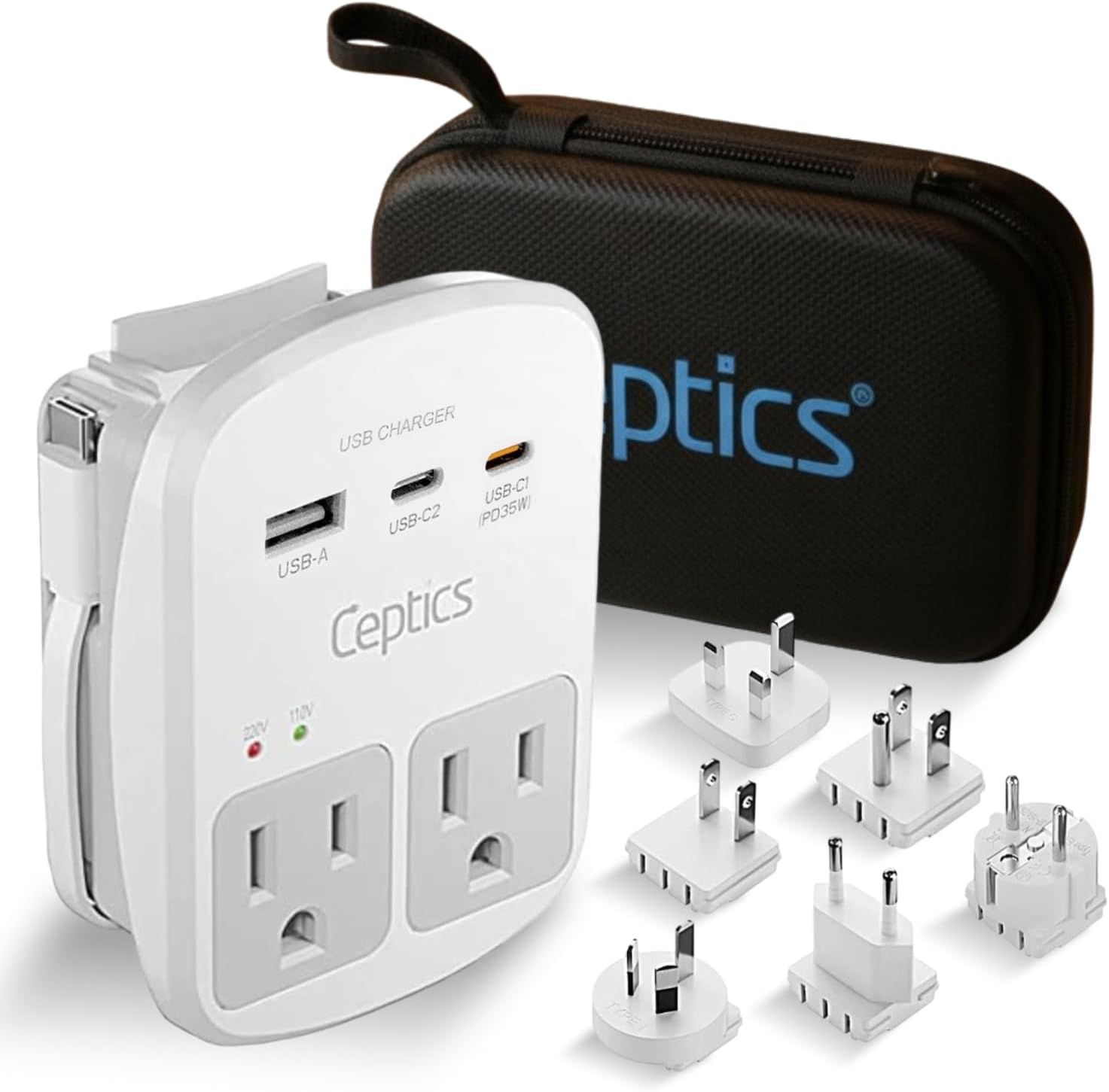 Multi-outlet universal travel adapter with USB-C and USB-A ports, surge protection, and international plug adapters — front