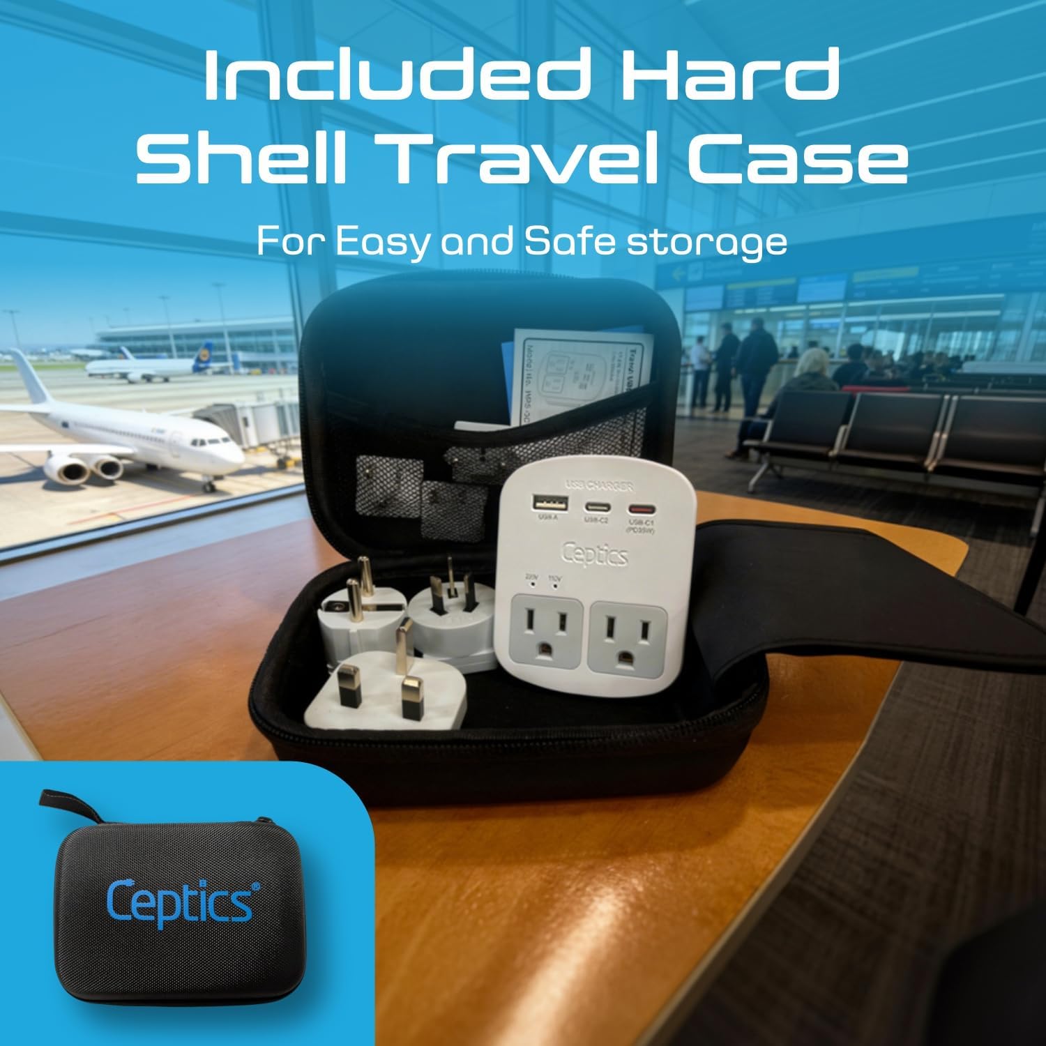 Multi-outlet universal travel adapter with USB-C and USB-A ports, surge protection, and international plug adapters — side