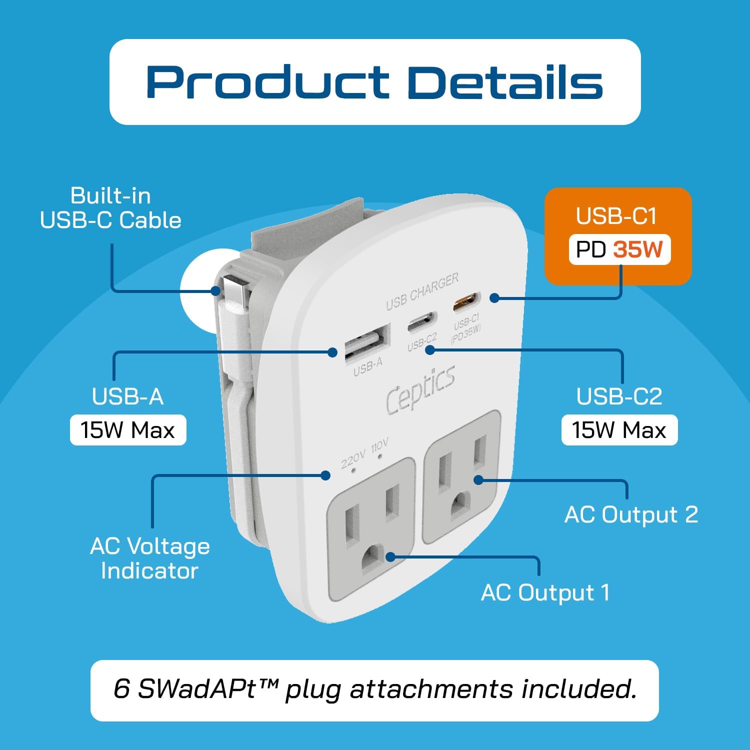 Multi-outlet universal travel adapter with USB-C and USB-A ports, surge protection, and international plug adapters — back