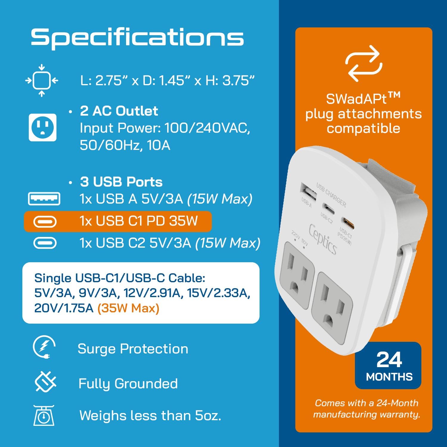 Multi-outlet universal travel adapter with USB-C and USB-A ports, surge protection, and international plug adapters — detail
