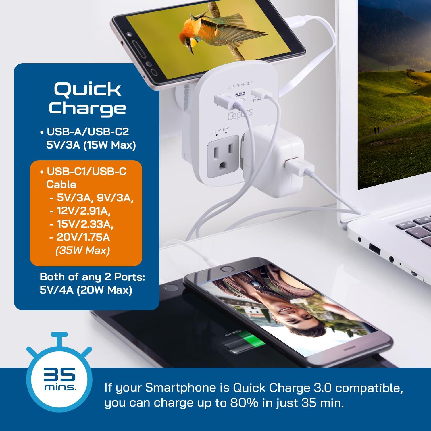 Multi-outlet universal travel adapter with USB-C and USB-A ports, surge protection, and international plug adapters — view 2