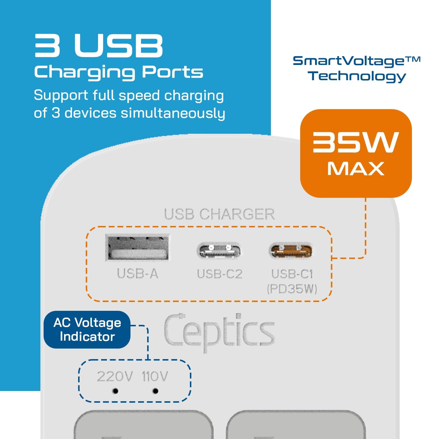 Multi-outlet universal travel adapter with USB-C and USB-A ports, surge protection, and international plug adapters — view 5