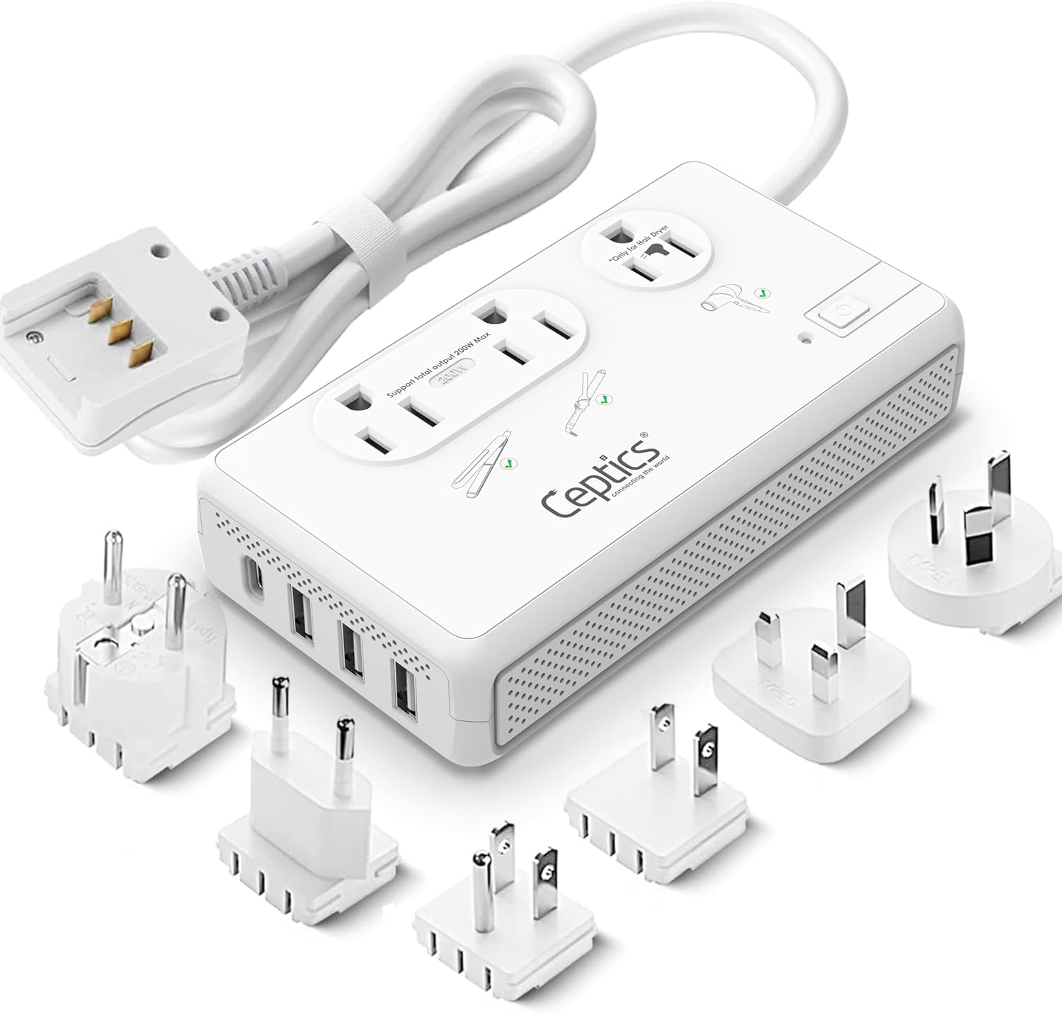 Multi-outlet universal travel adapter with USB-C and USB-A ports, surge protection, and international plug adapters — view 3b