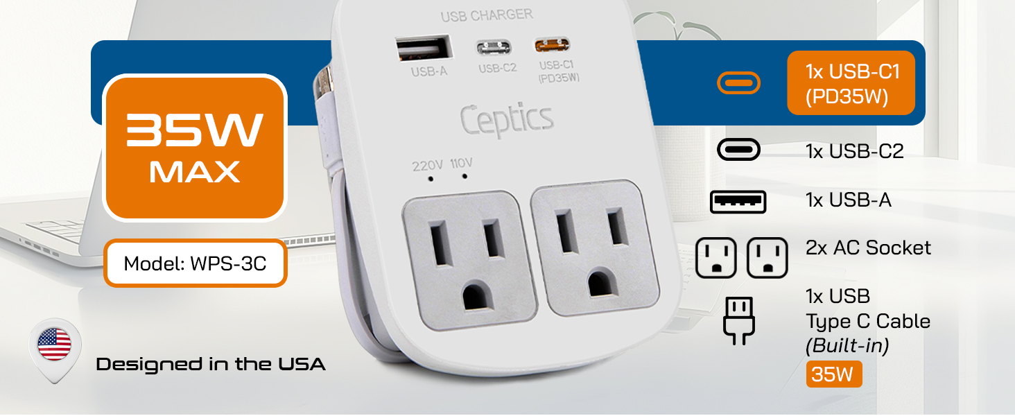 Multi-outlet universal travel adapter with USB-C and USB-A ports, surge protection, and international plug adapters — view 5a