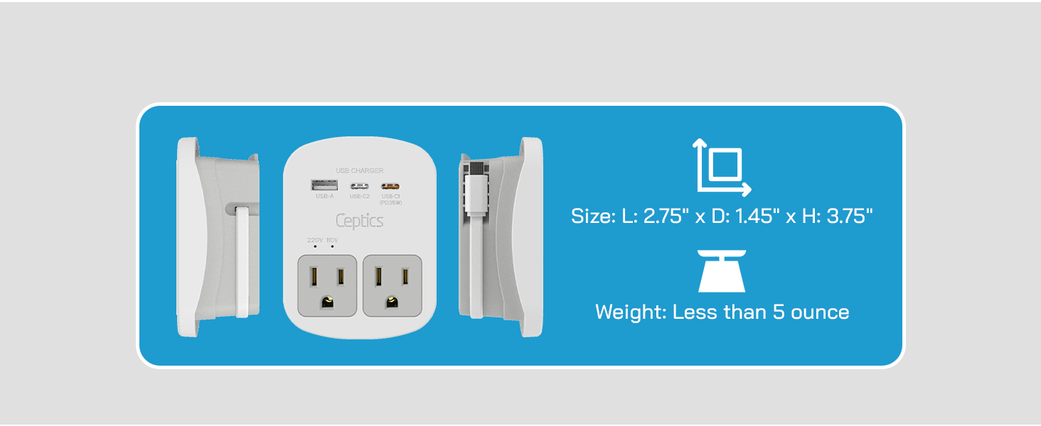 Multi-outlet universal travel adapter with USB-C and USB-A ports, surge protection, and international plug adapters — view 7a
