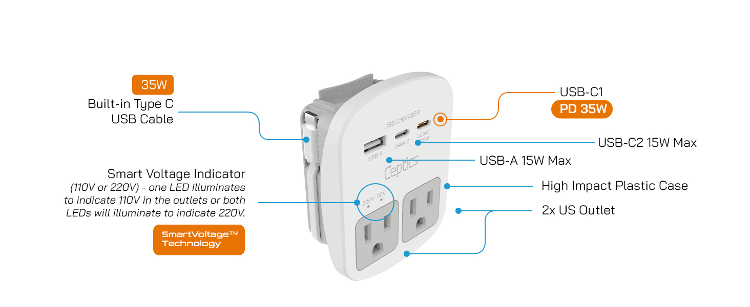 Multi-outlet universal travel adapter with USB-C and USB-A ports, surge protection, and international plug adapters — view 7b