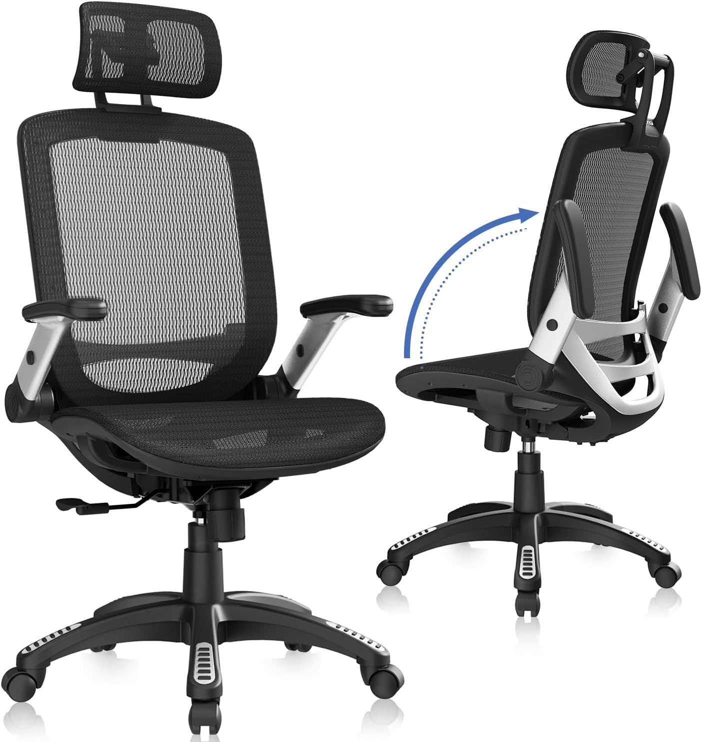 High-back ergonomic office chair with mesh back, headrest, flip-up arms, and wide cushioned seat in black — view 1