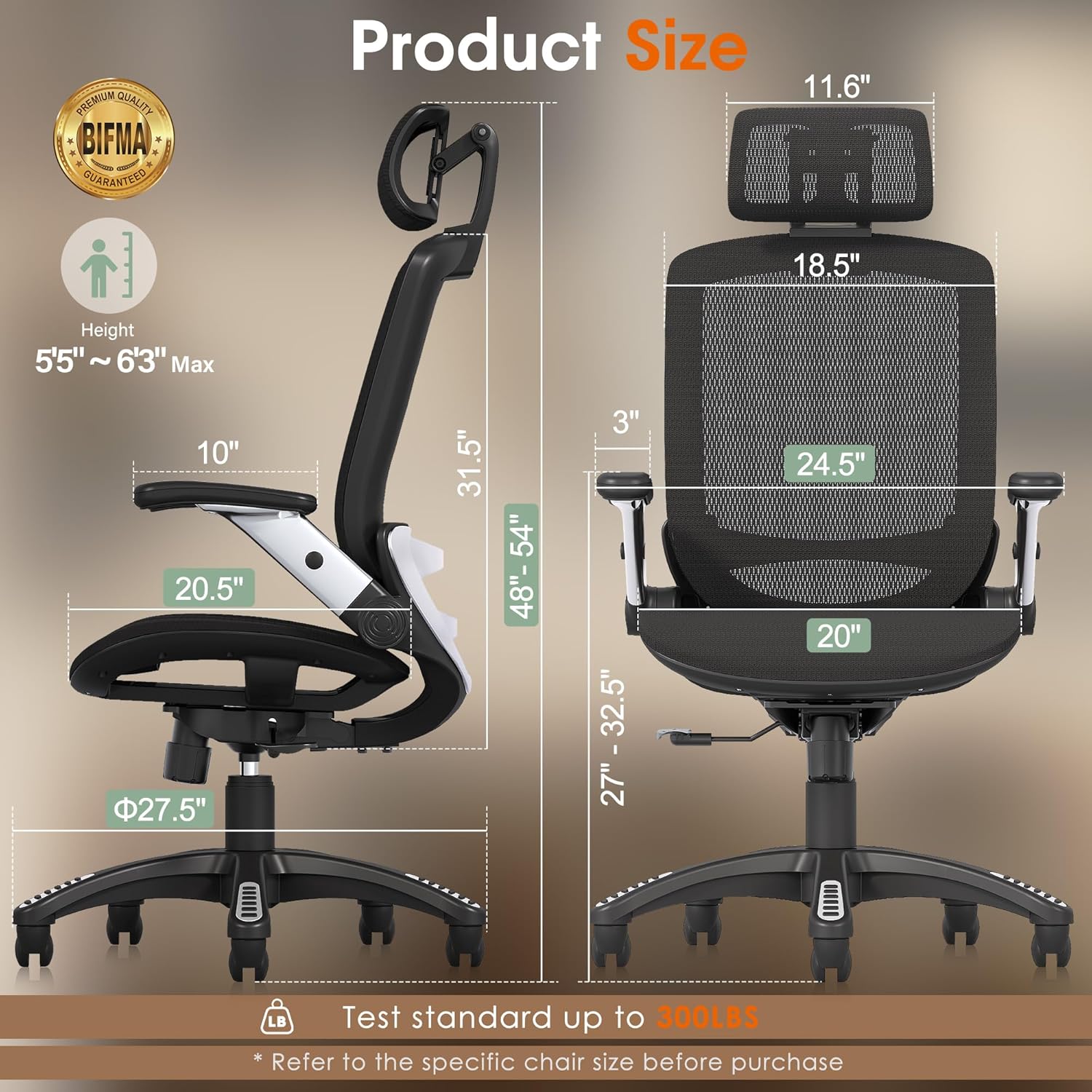 High-back ergonomic office chair with mesh back, headrest, flip-up arms, and wide cushioned seat in black — view 2