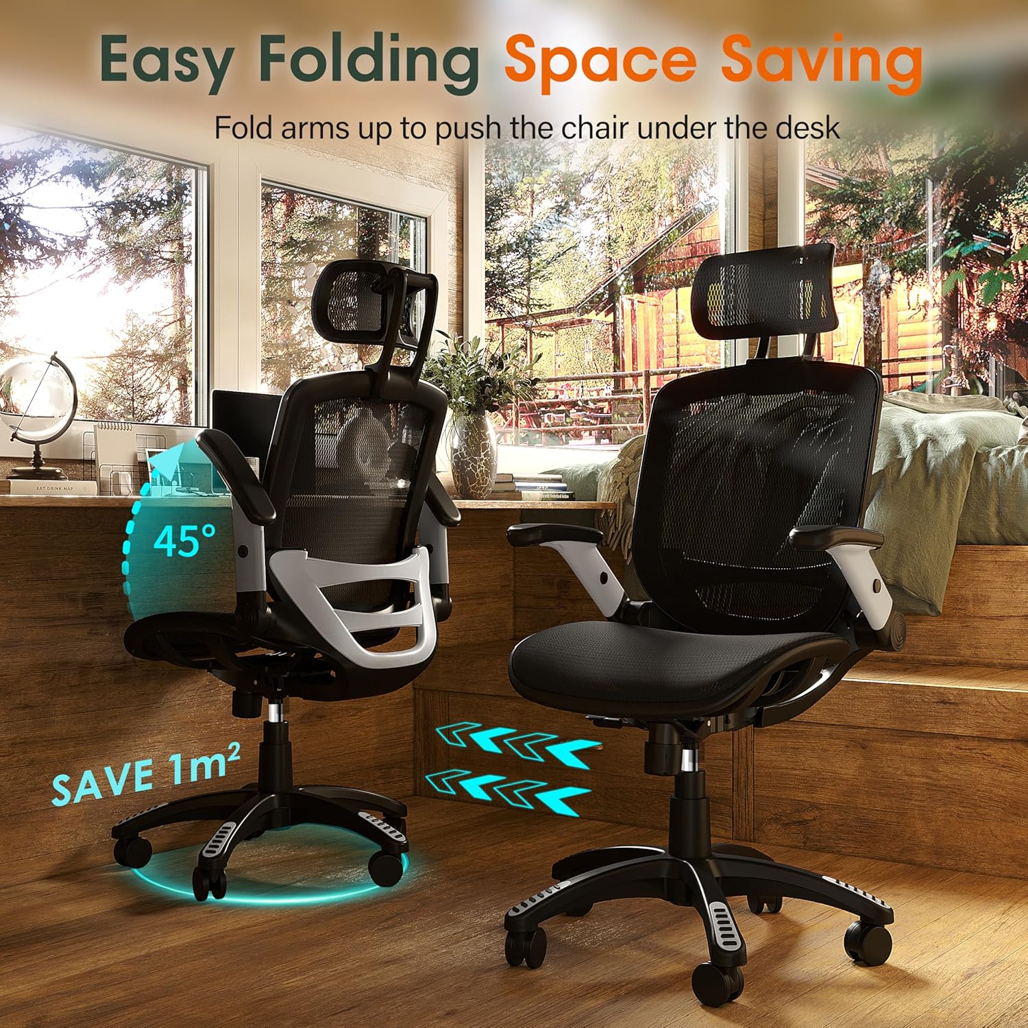 High-back ergonomic office chair with mesh back, headrest, flip-up arms, and wide cushioned seat in black — view 3