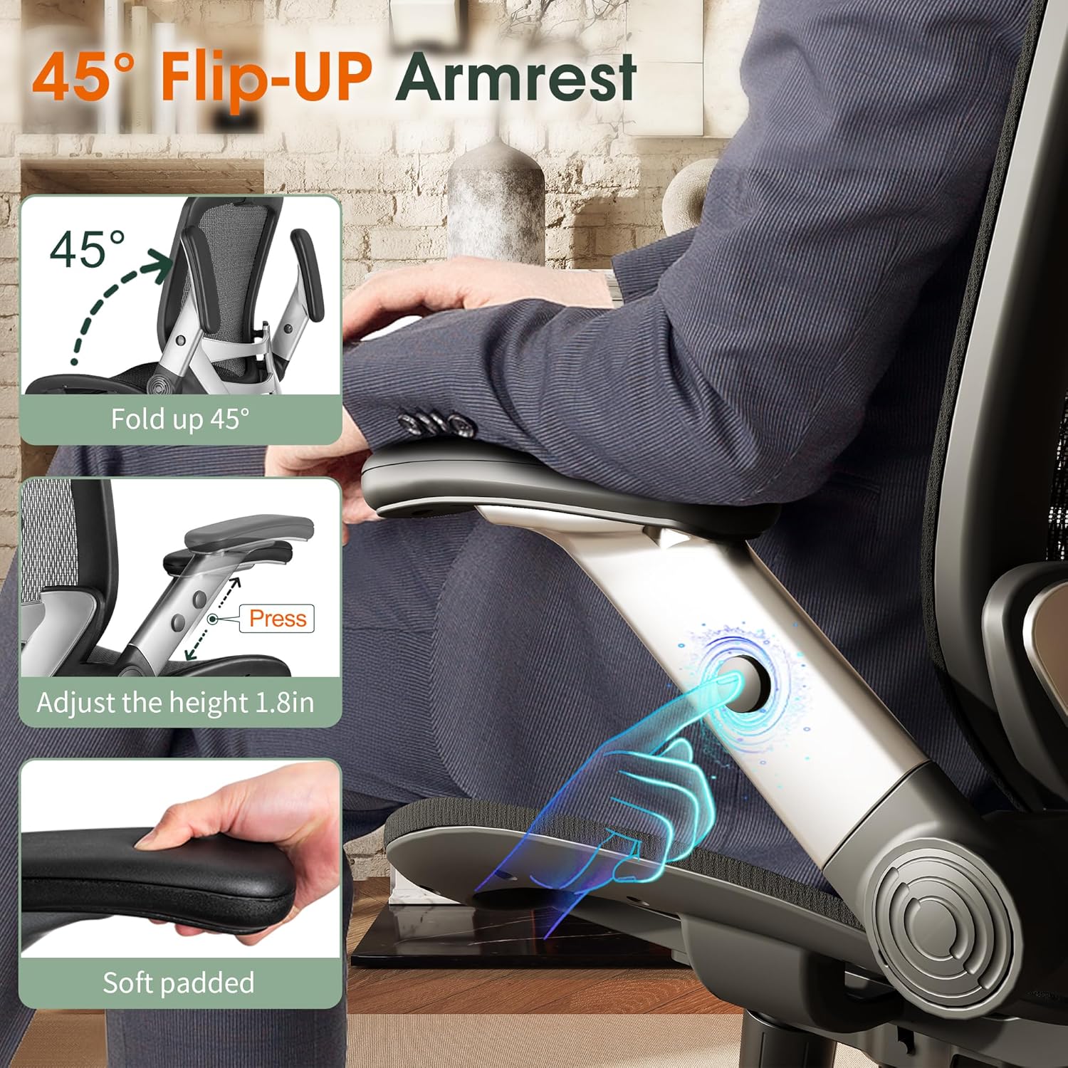 High-back ergonomic office chair with mesh back, headrest, flip-up arms, and wide cushioned seat in black — view 4