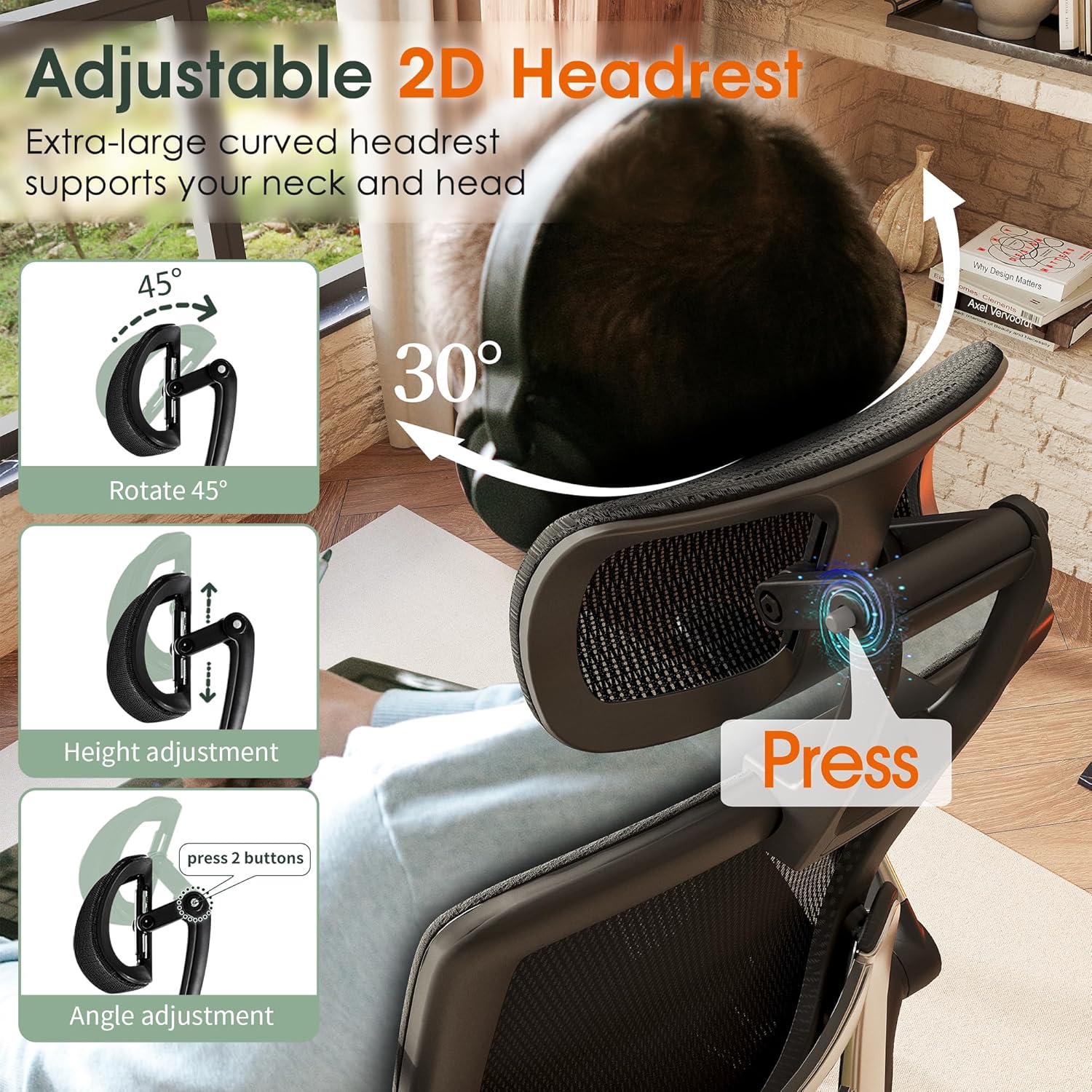 High-back ergonomic office chair with mesh back, headrest, flip-up arms, and wide cushioned seat in black — view 2