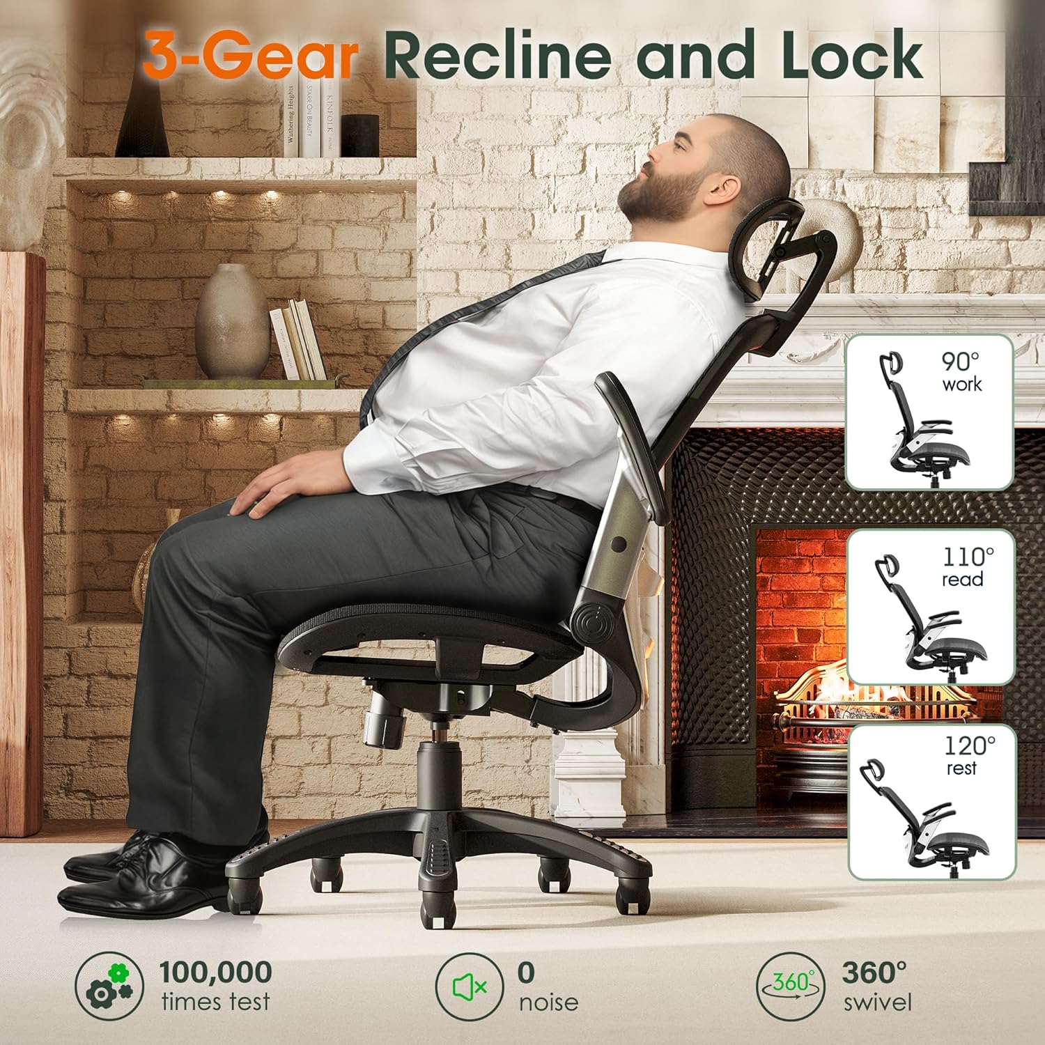 High-back ergonomic office chair with mesh back, headrest, flip-up arms, and wide cushioned seat in black — view 3