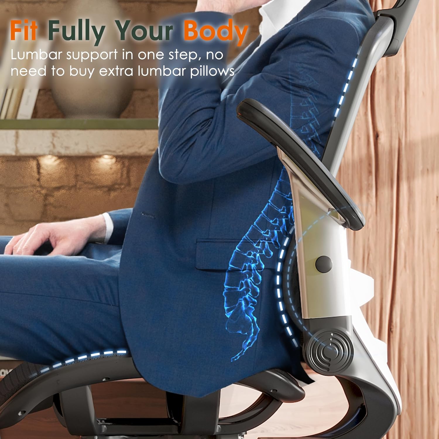 High-back ergonomic office chair with mesh back, headrest, flip-up arms, and wide cushioned seat in black — view 4