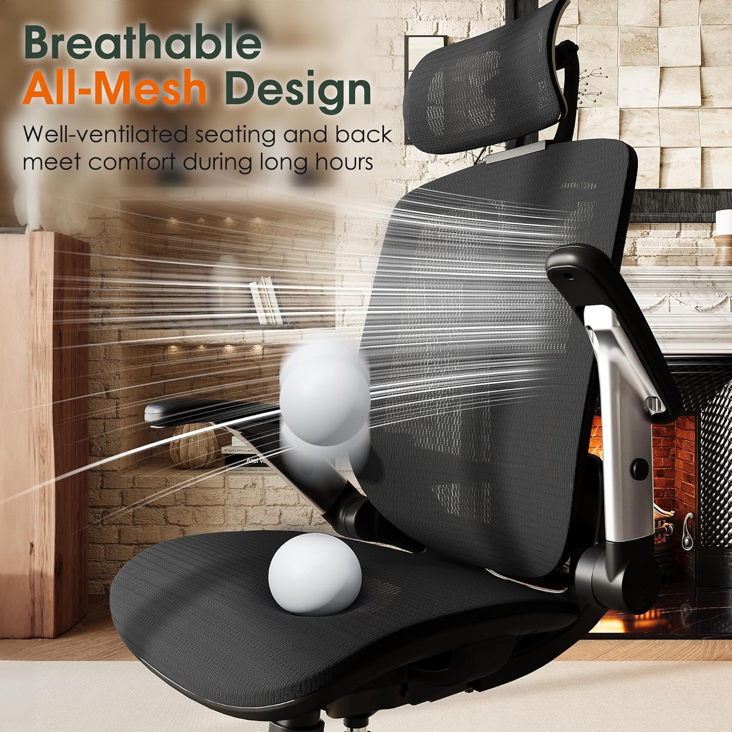 High-back ergonomic office chair with mesh back, headrest, flip-up arms, and wide cushioned seat in black — view 5