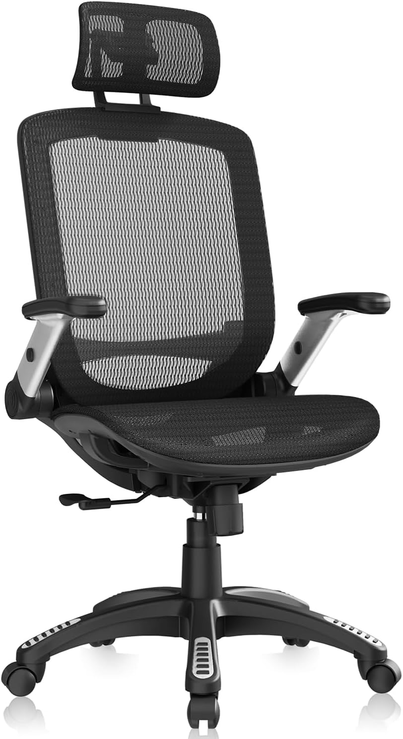 High-back ergonomic office chair with mesh back, headrest, flip-up arms, and wide cushioned seat in black — view 2