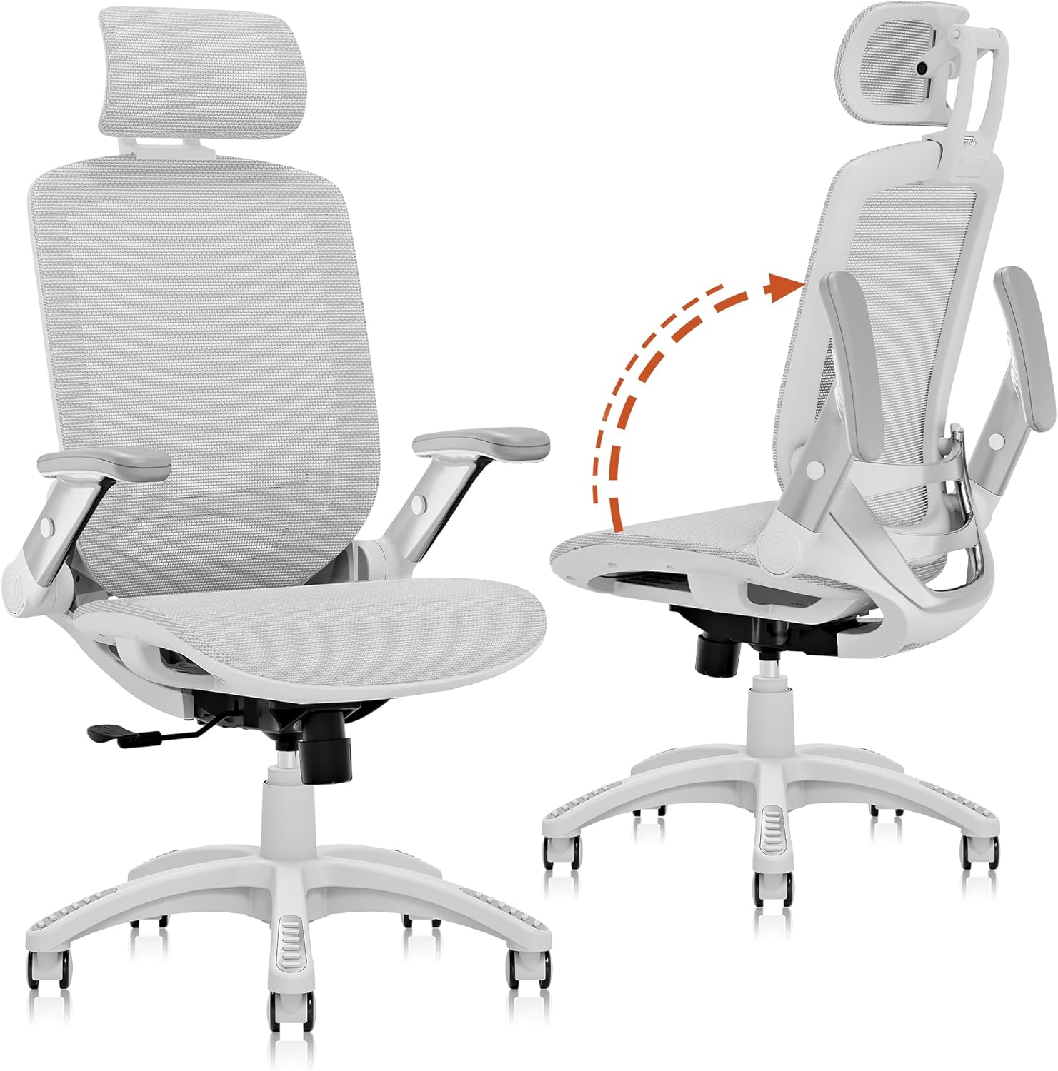 High-back ergonomic office chair with mesh back, headrest, flip-up arms, and wide cushioned seat in black — view 3a