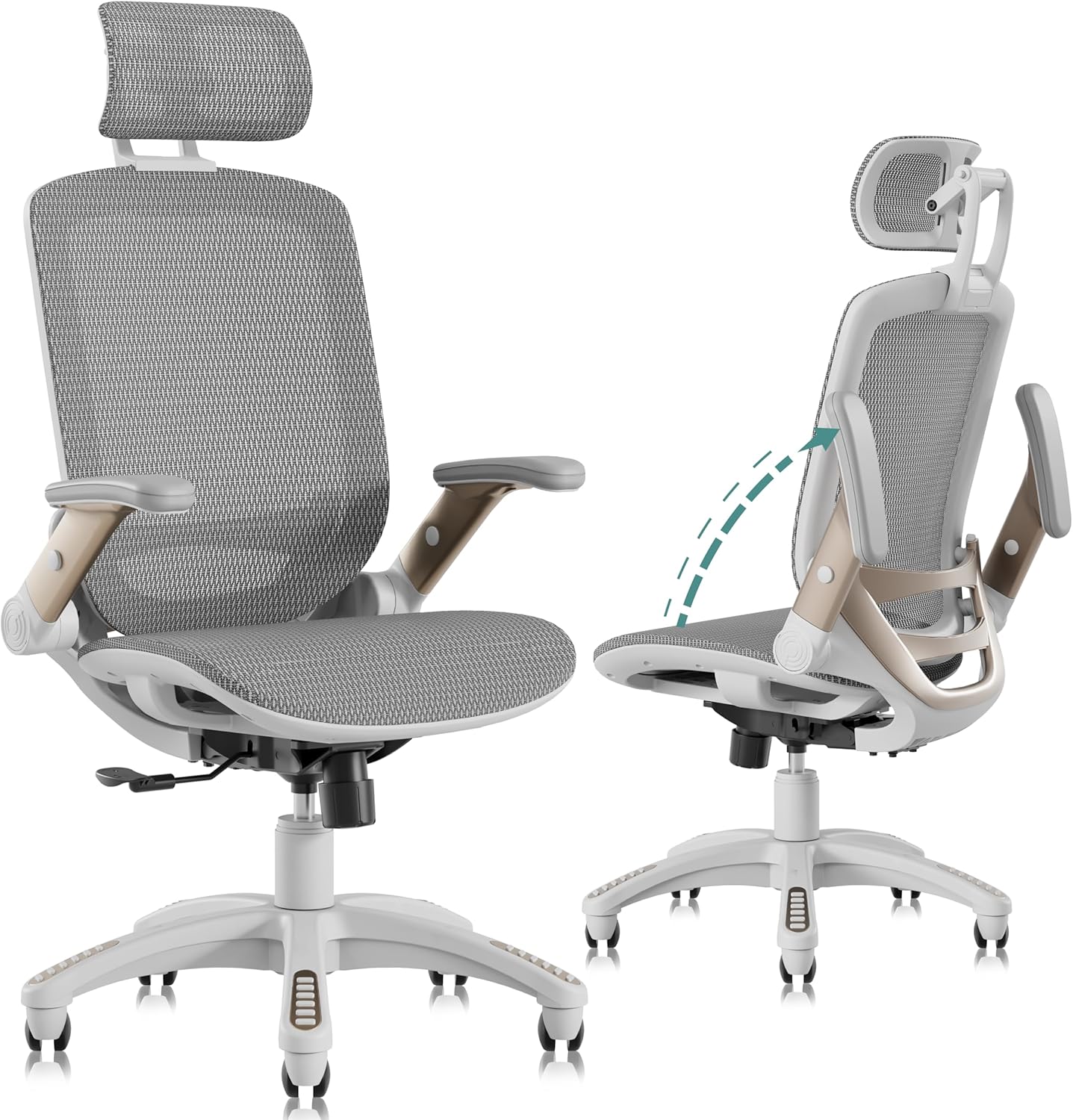 High-back ergonomic office chair with mesh back, headrest, flip-up arms, and wide cushioned seat in black — view 3b