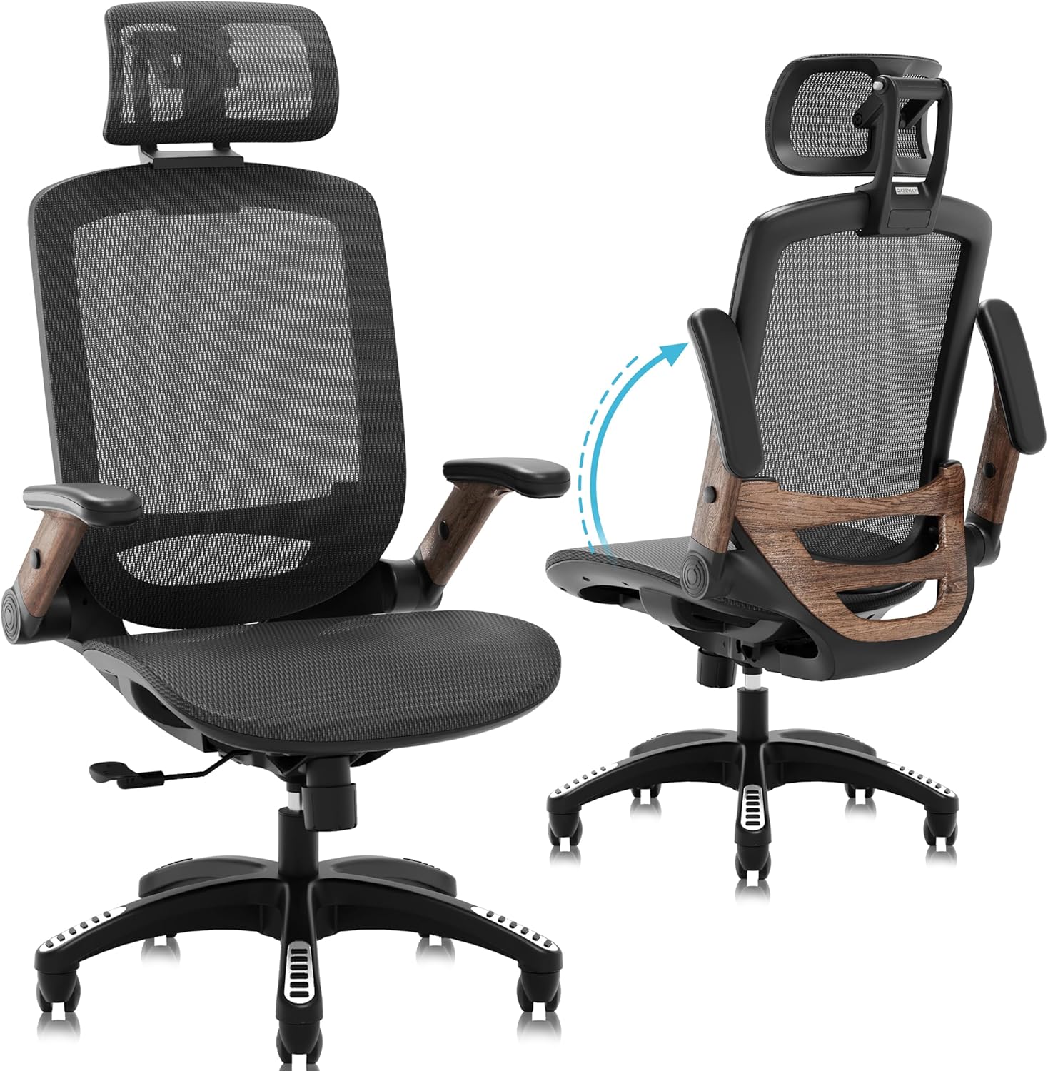 High-back ergonomic office chair with mesh back, headrest, flip-up arms, and wide cushioned seat in black — view 4