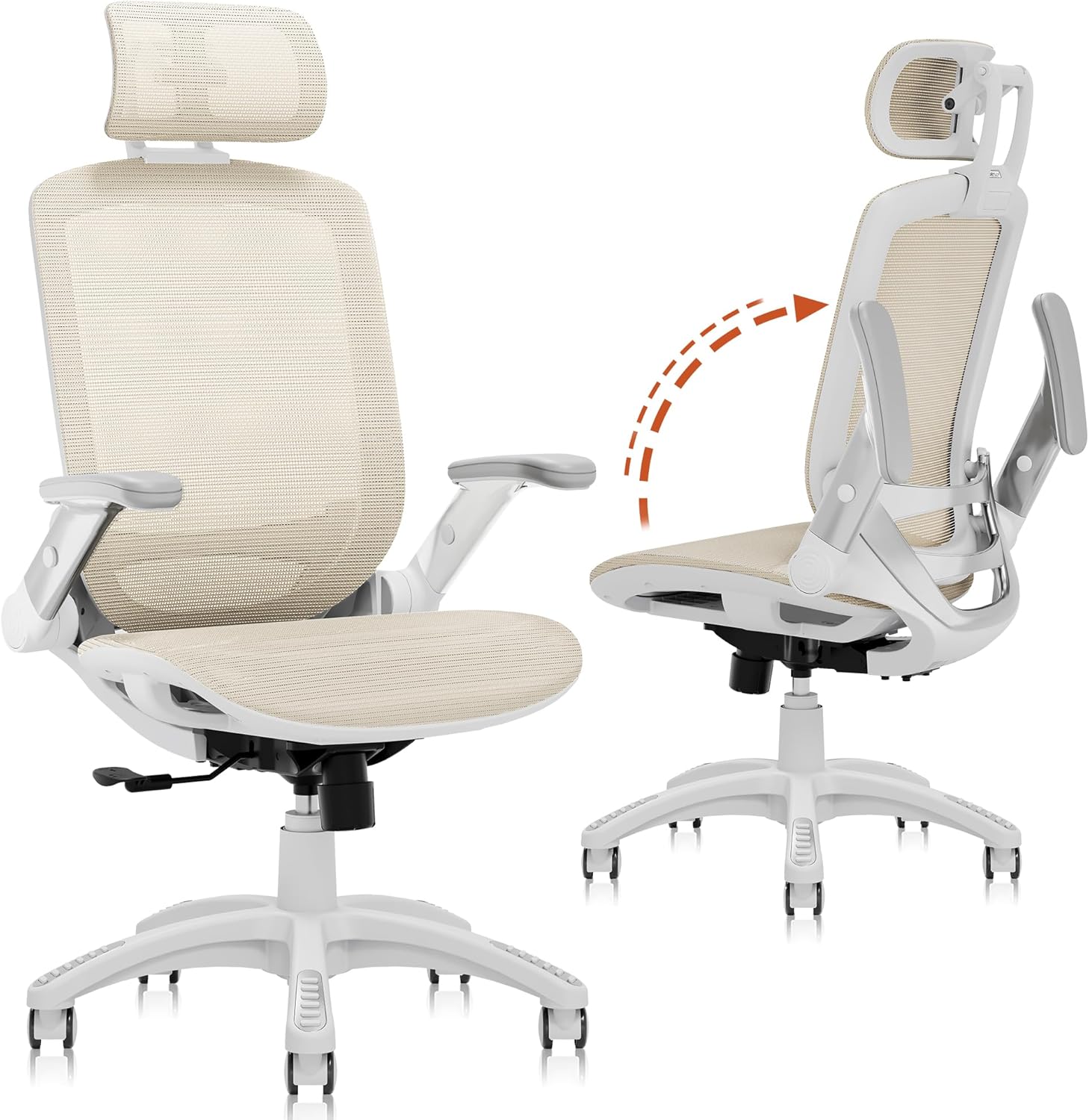 High-back ergonomic office chair with mesh back, headrest, flip-up arms, and wide cushioned seat in black — view 5a