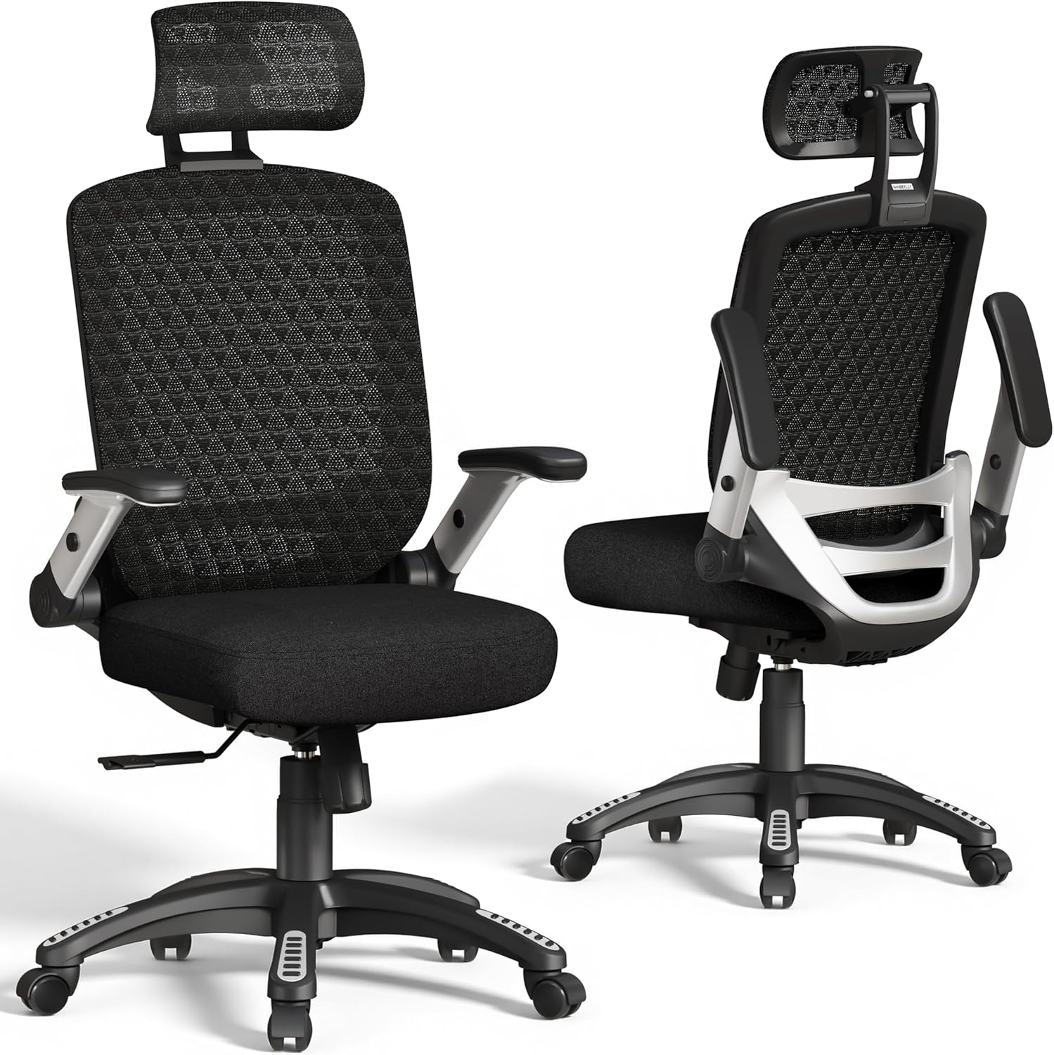 High-back ergonomic office chair with mesh back, headrest, flip-up arms, and wide cushioned seat in black — view 5b