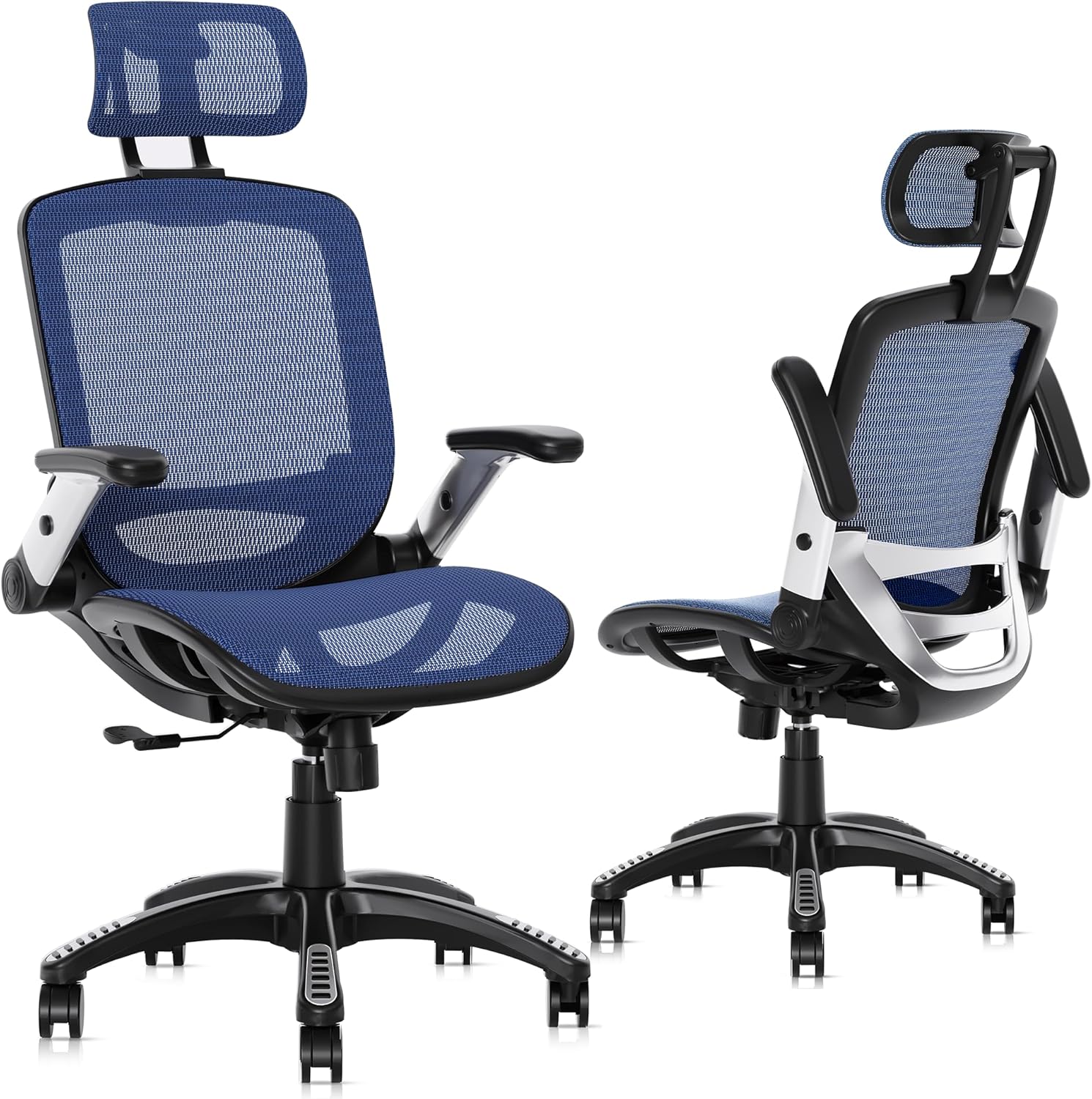 High-back ergonomic office chair with mesh back, headrest, flip-up arms, and wide cushioned seat in black — view 6