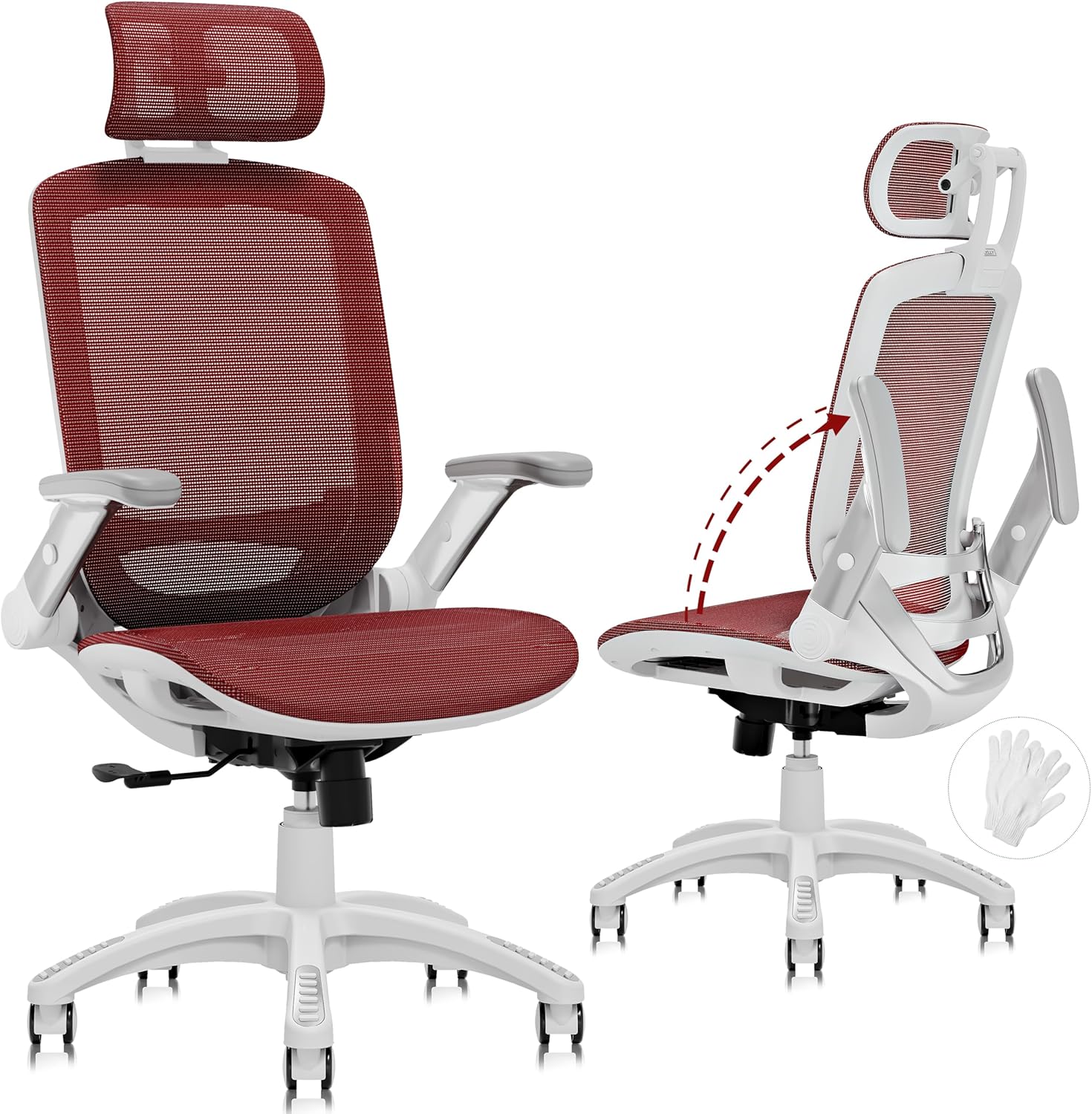 High-back ergonomic office chair with mesh back, headrest, flip-up arms, and wide cushioned seat in black — view 7a