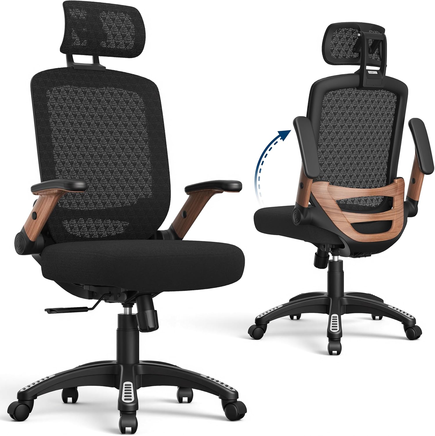 High-back ergonomic office chair with mesh back, headrest, flip-up arms, and wide cushioned seat in black — view 7b