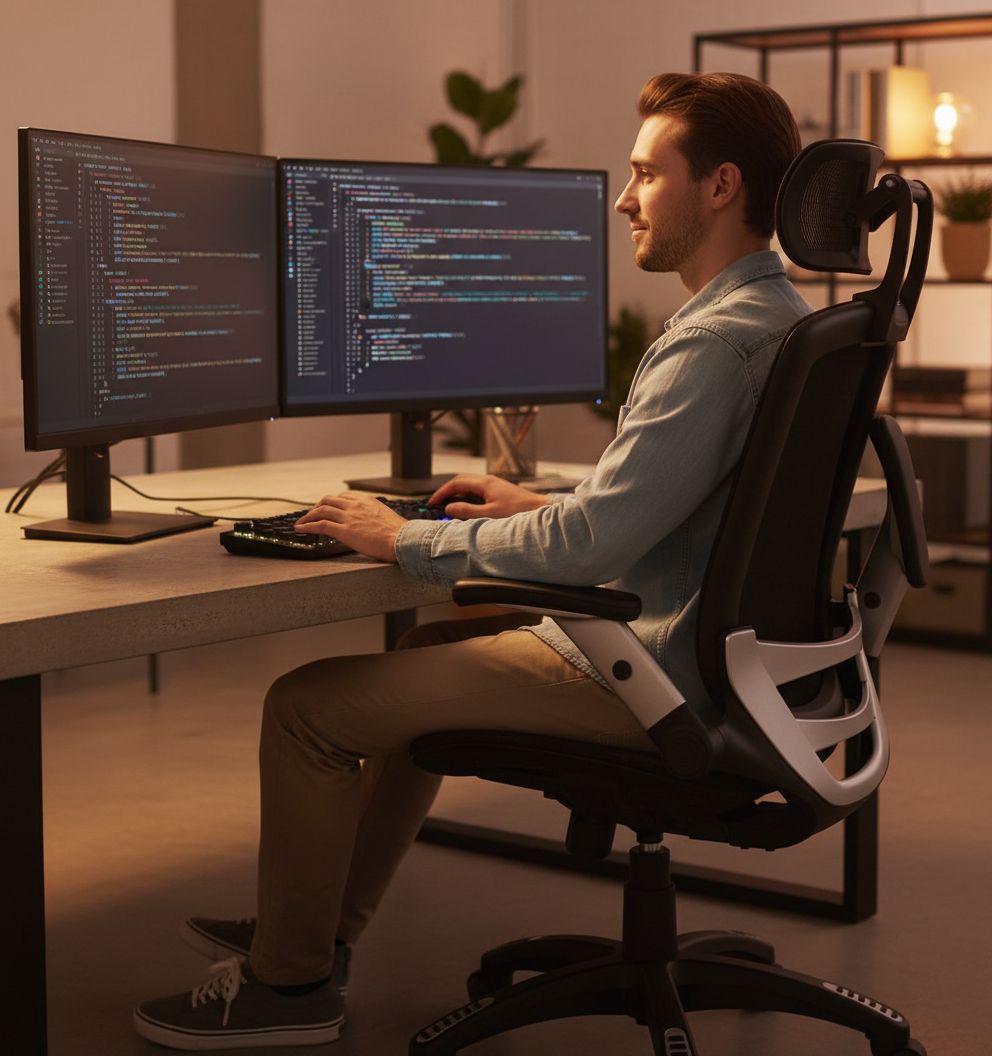 High-back ergonomic office chair with mesh back, headrest, flip-up arms, and wide cushioned seat in black — view 1