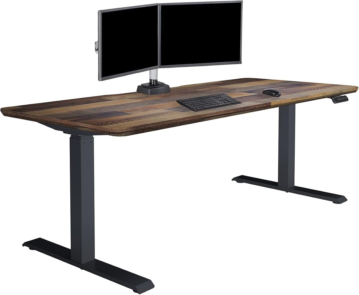 Electric standing desk with dual motors and T-style legs in reclaimed wood finish, height adjustable for sitting and standing positions — front