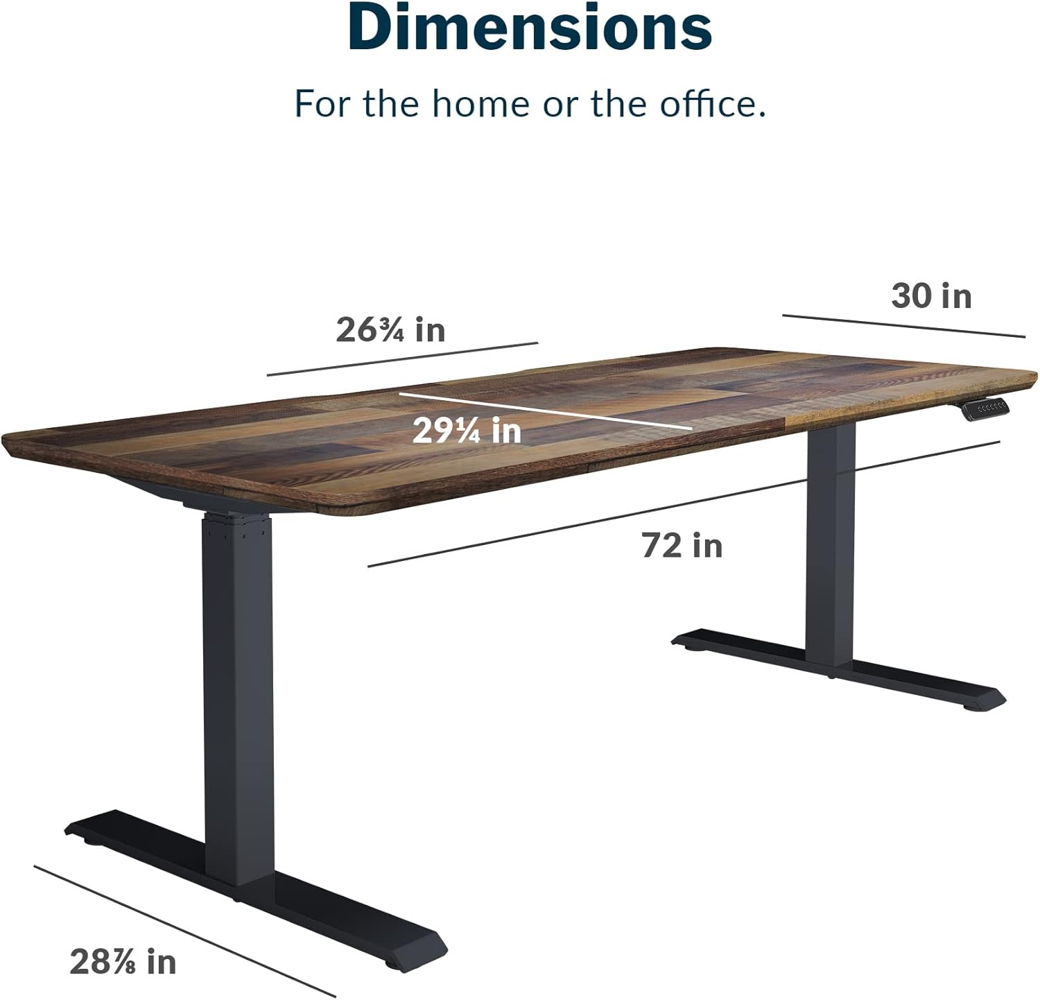 Electric standing desk with dual motors and T-style legs in reclaimed wood finish, height adjustable for sitting and standing positions — side