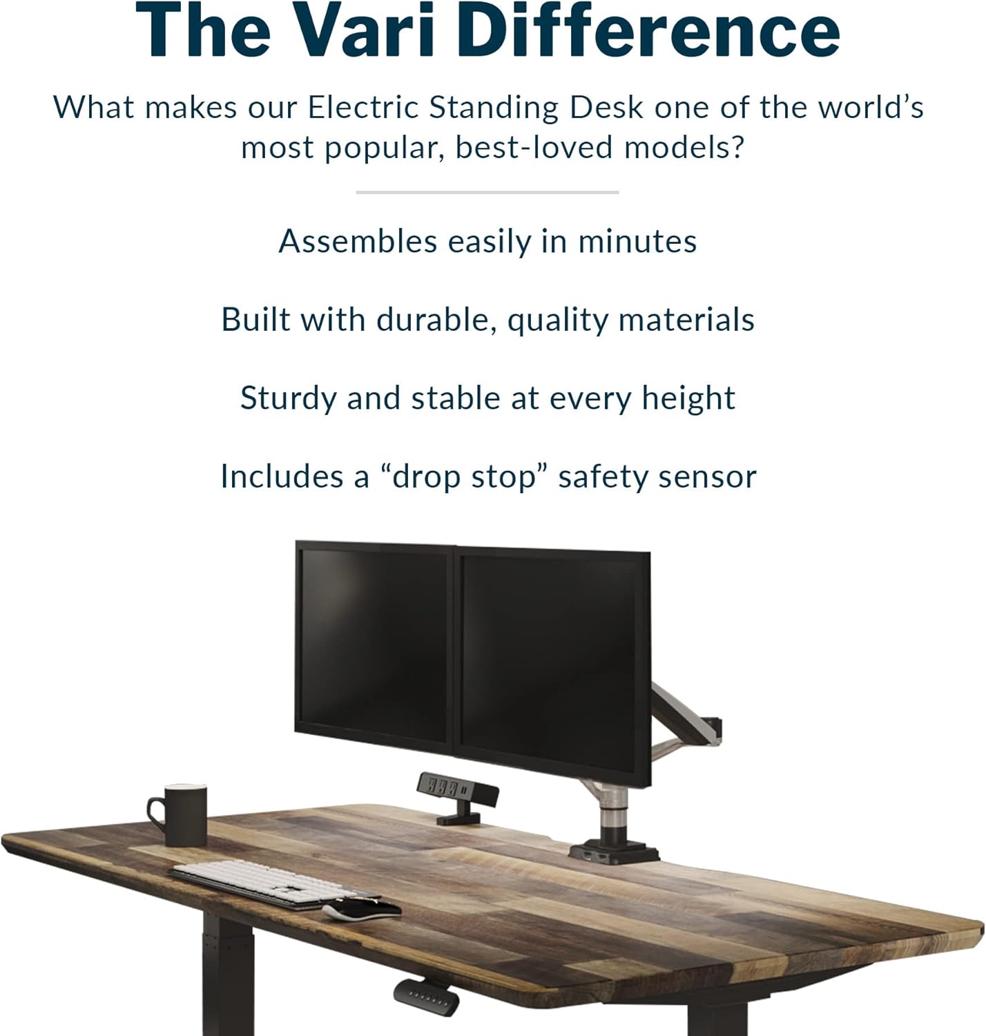 Electric standing desk with dual motors and T-style legs in reclaimed wood finish, height adjustable for sitting and standing positions — back