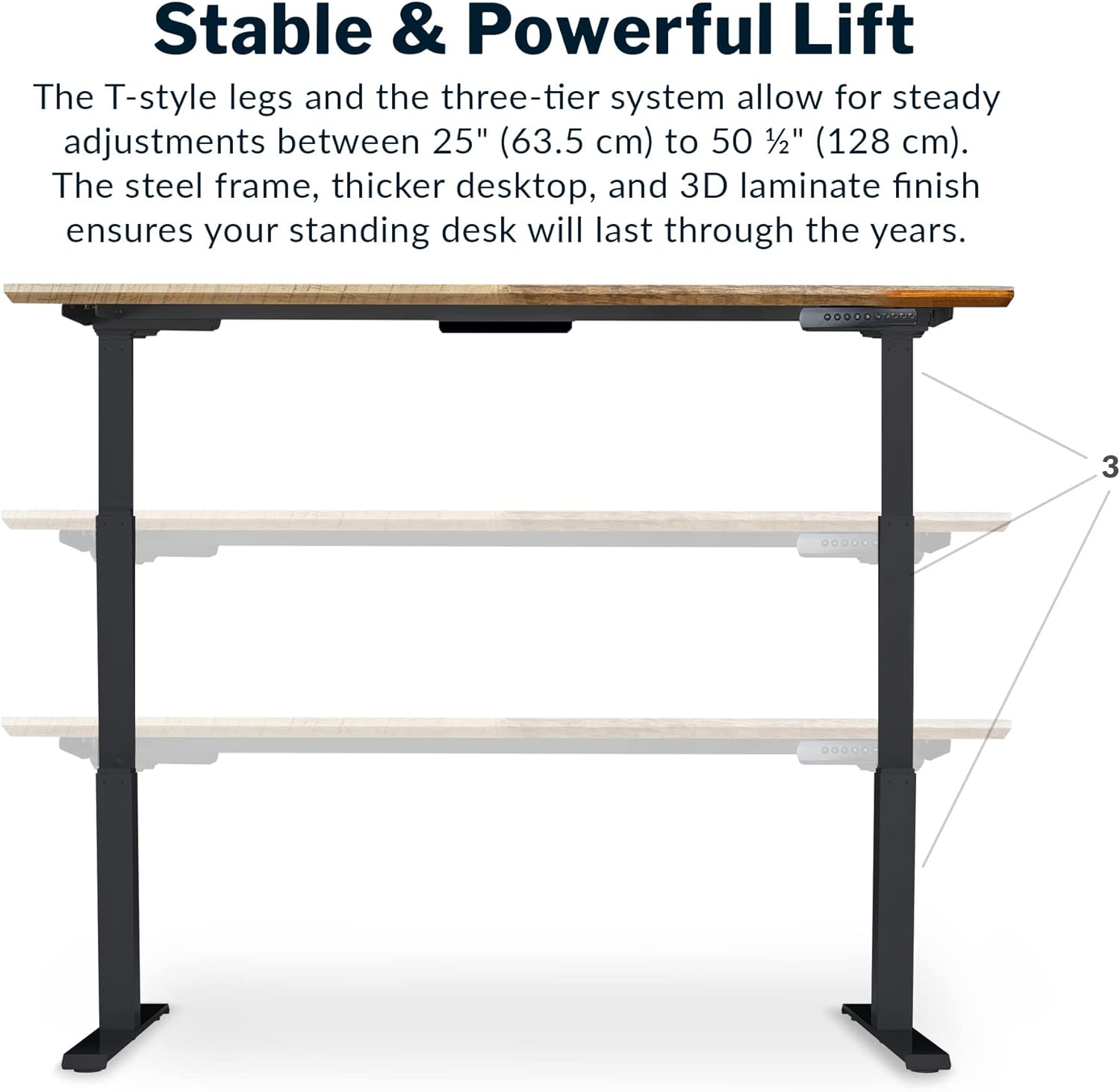 Electric standing desk with dual motors and T-style legs in reclaimed wood finish, height adjustable for sitting and standing positions — detail