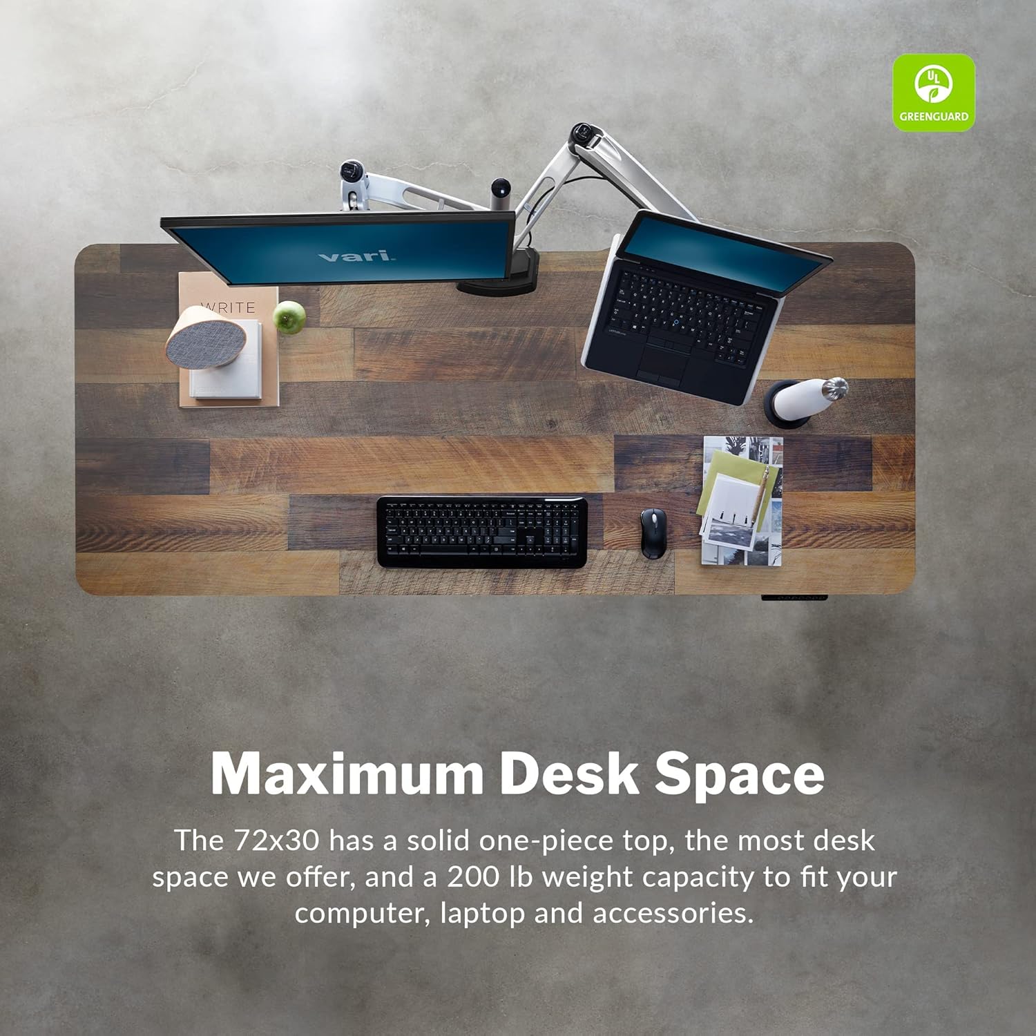 Electric standing desk with dual motors and T-style legs in reclaimed wood finish, height adjustable for sitting and standing positions โ view 2