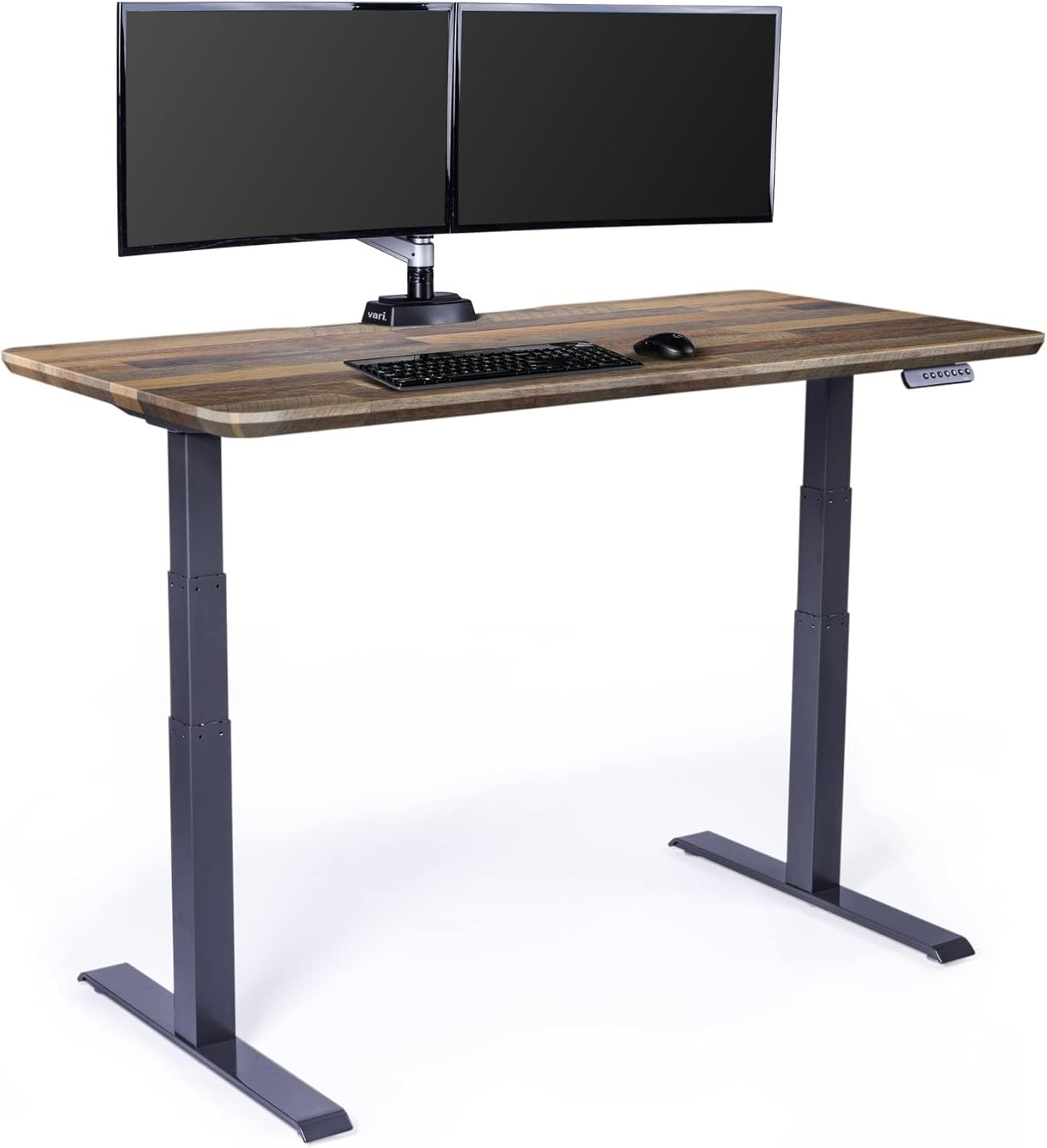 Electric standing desk with dual motors and T-style legs in reclaimed wood finish, height adjustable for sitting and standing positions โ view 5