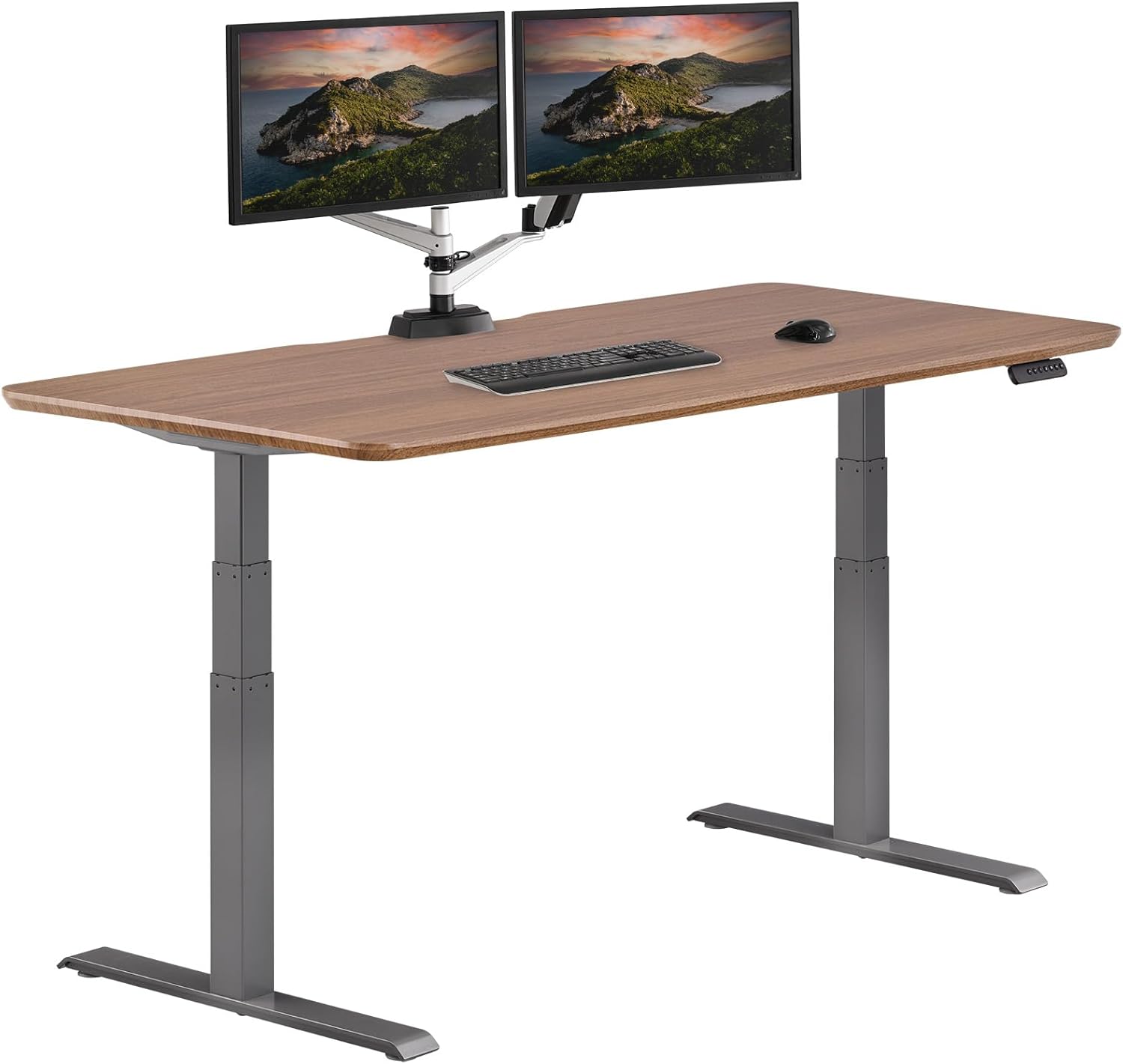 Electric standing desk with dual motors and T-style legs in reclaimed wood finish, height adjustable for sitting and standing positions — view 3a