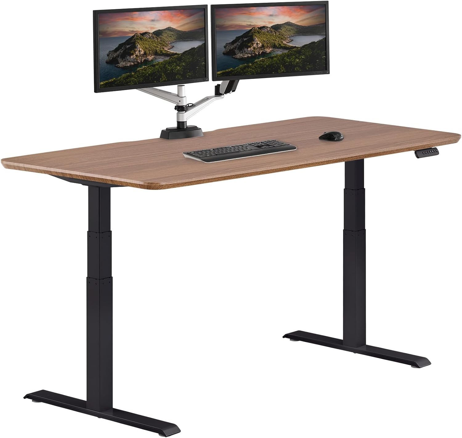 Electric standing desk with dual motors and T-style legs in reclaimed wood finish, height adjustable for sitting and standing positions — view 3b