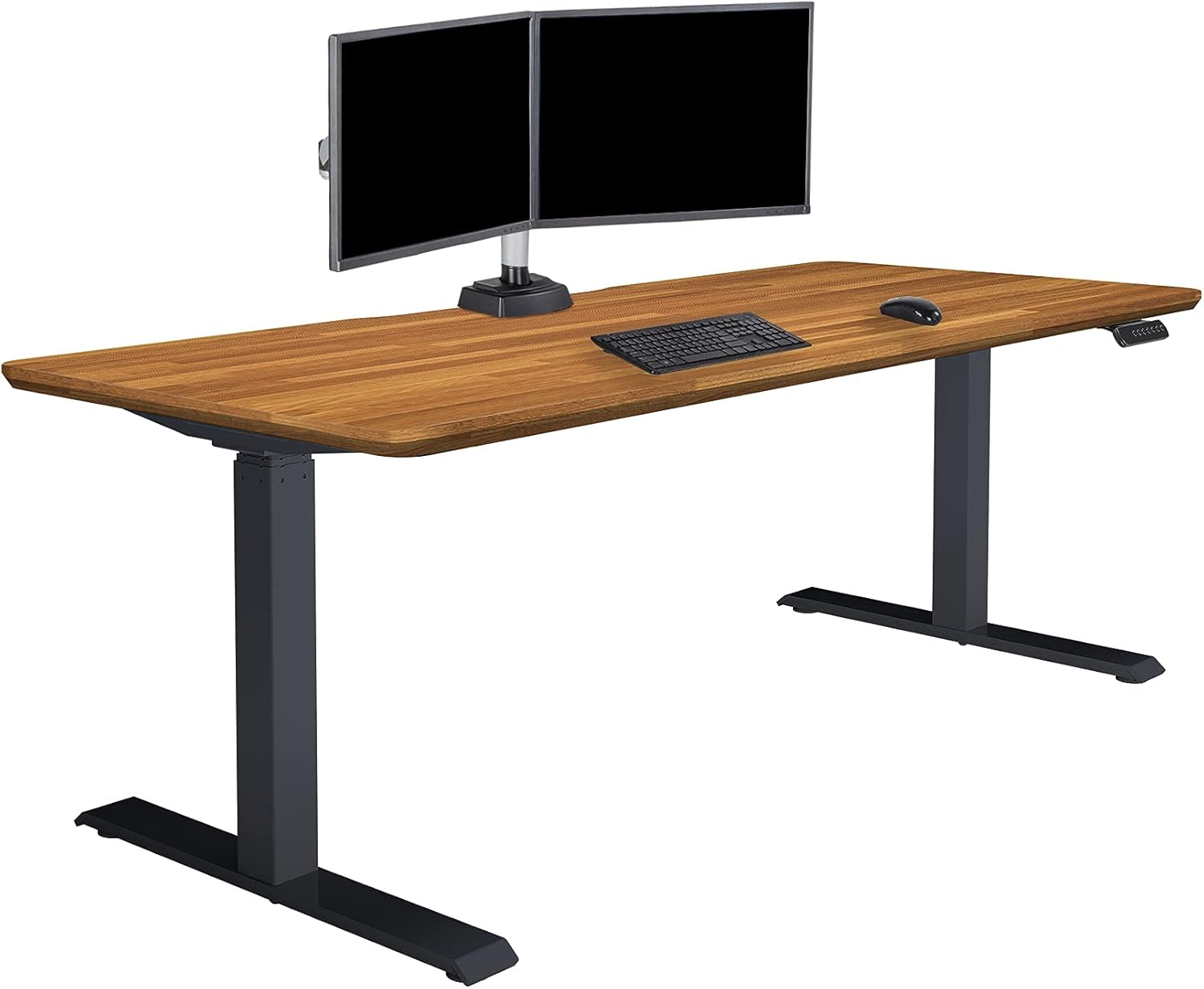 Electric standing desk with dual motors and T-style legs in reclaimed wood finish, height adjustable for sitting and standing positions — view 4
