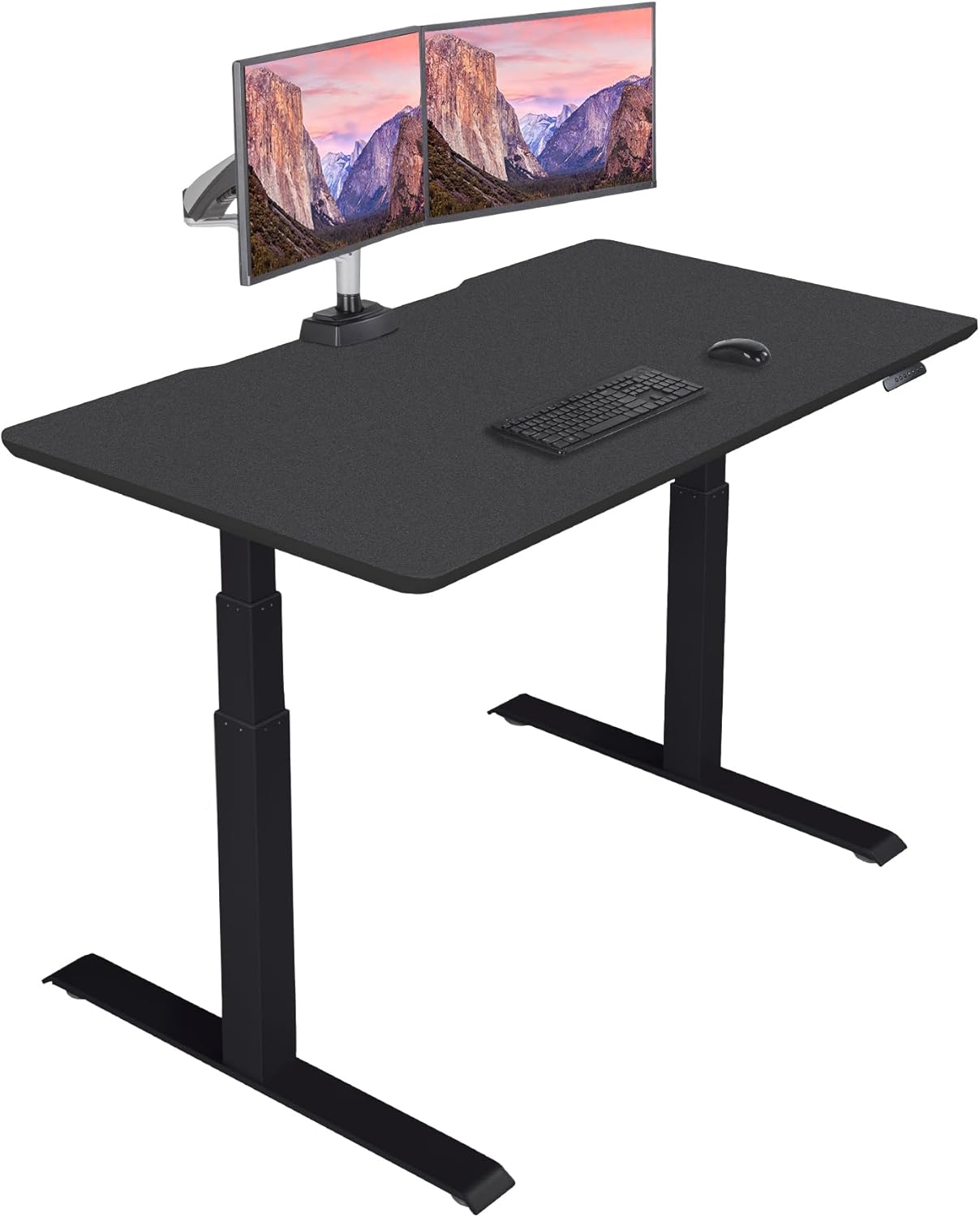 Electric standing desk with dual motors and T-style legs in reclaimed wood finish, height adjustable for sitting and standing positions — view 5a