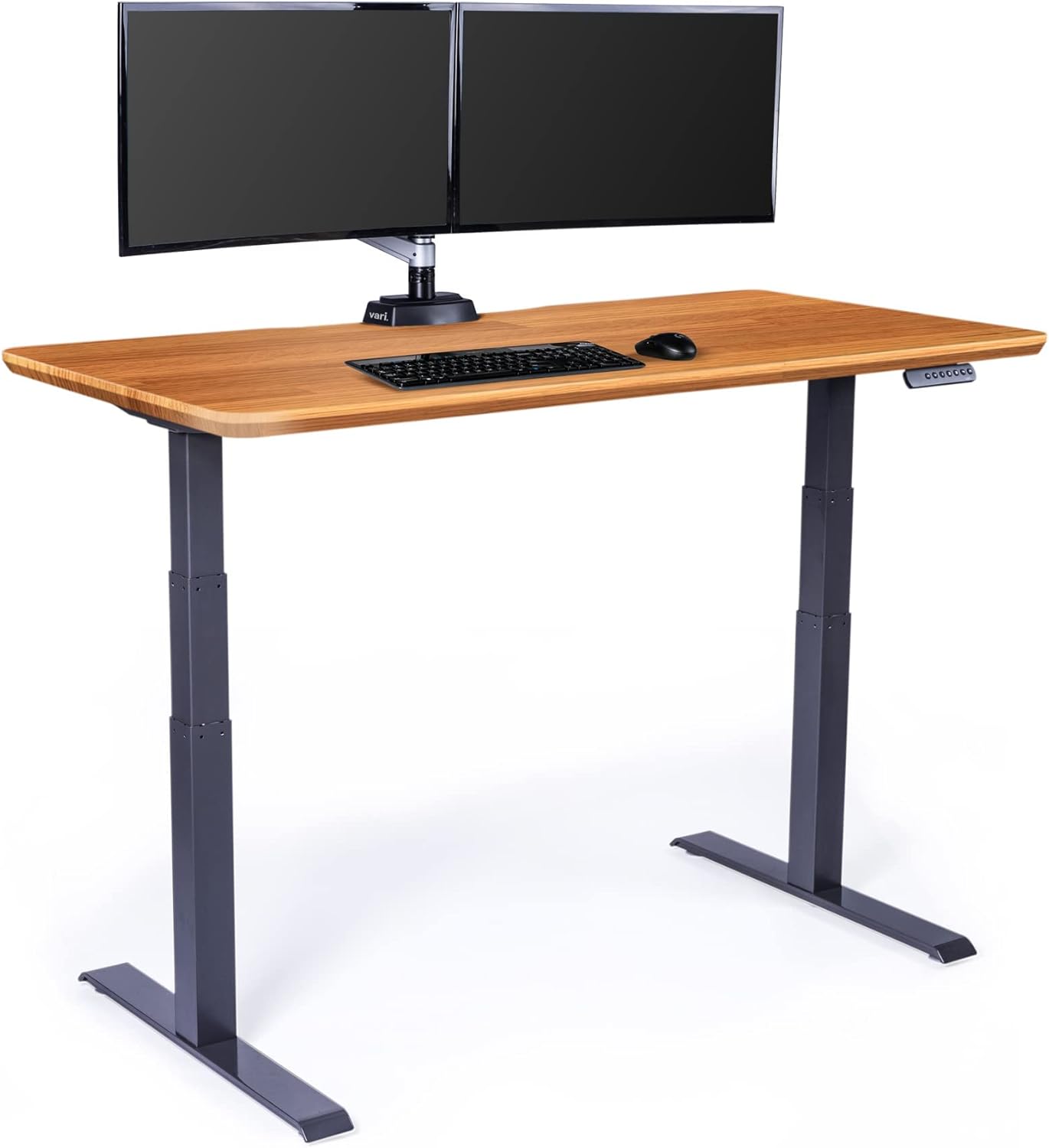 Electric standing desk with dual motors and T-style legs in reclaimed wood finish, height adjustable for sitting and standing positions — view 5b