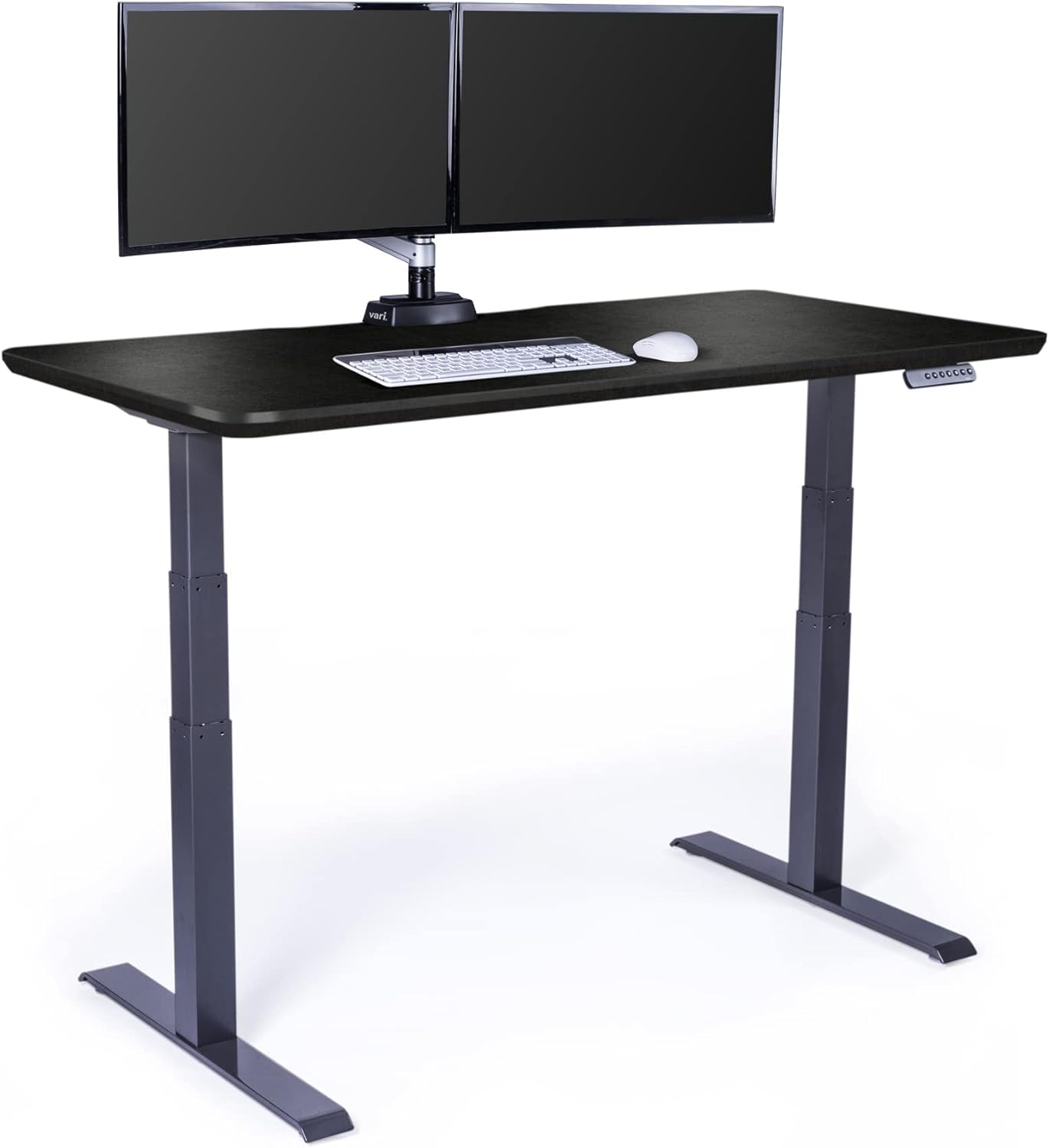 Electric standing desk with dual motors and T-style legs in reclaimed wood finish, height adjustable for sitting and standing positions — view 6