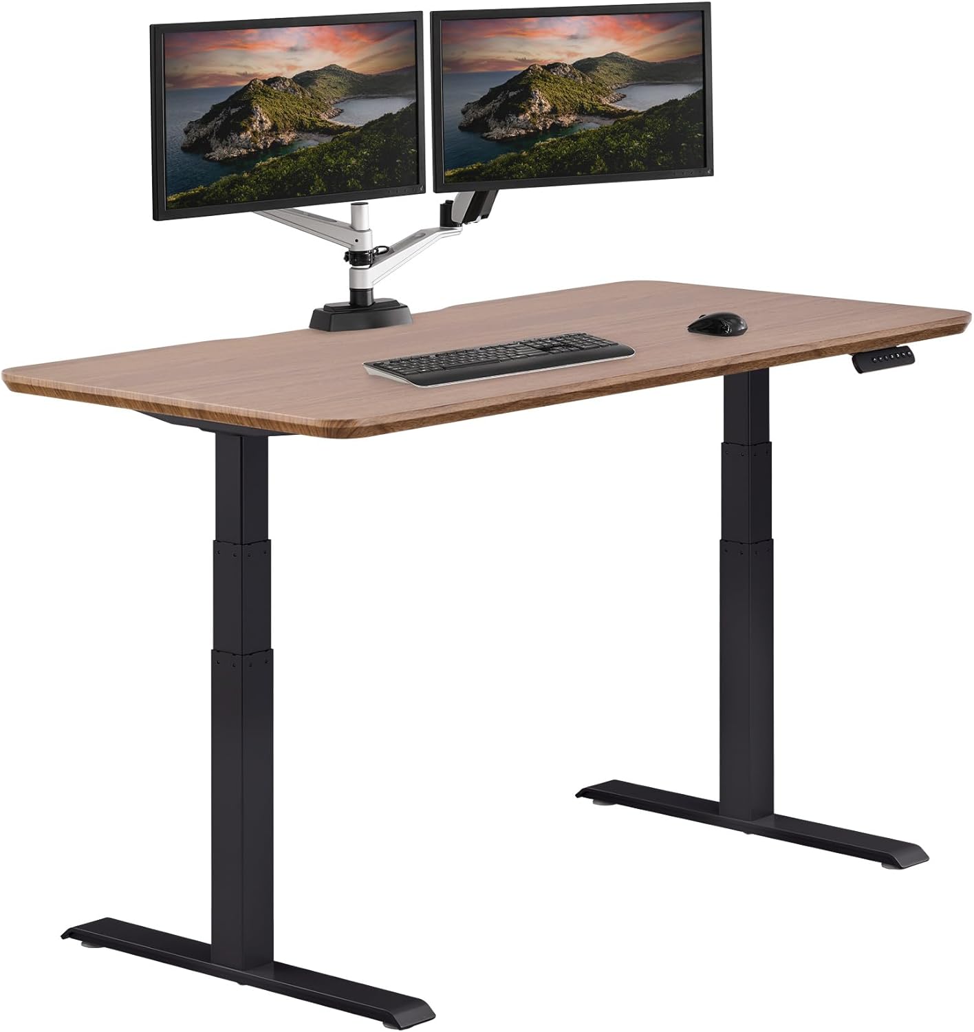 Electric standing desk with dual motors and T-style legs in reclaimed wood finish, height adjustable for sitting and standing positions — view 7a