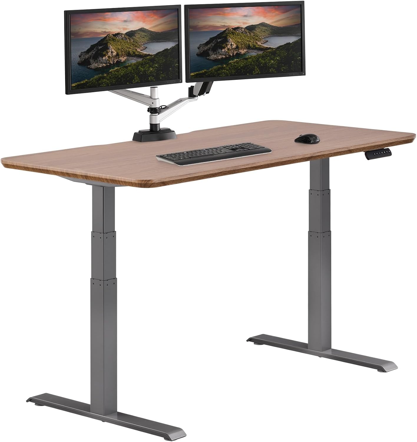 Electric standing desk with dual motors and T-style legs in reclaimed wood finish, height adjustable for sitting and standing positions — view 7b