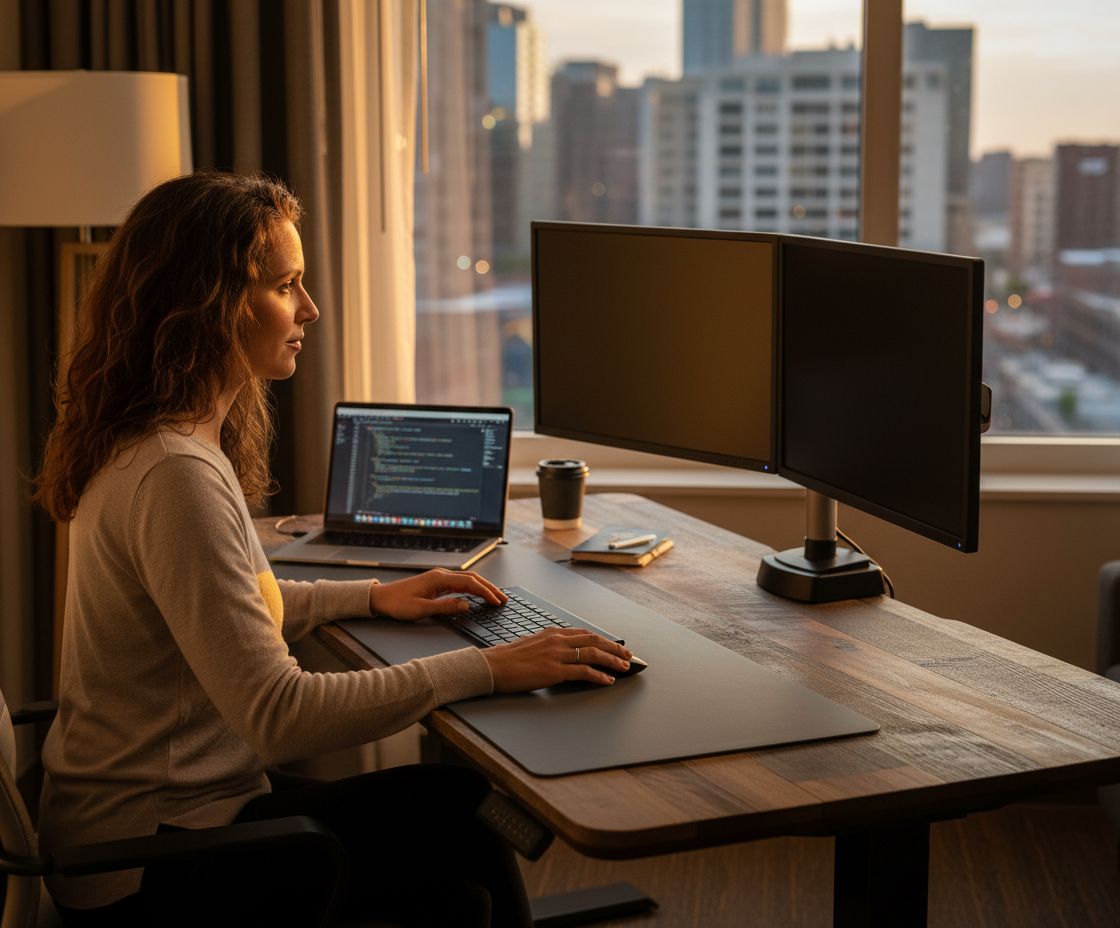 Electric standing desk with dual motors and T-style legs in reclaimed wood finish, height adjustable for sitting and standing positions — view 2