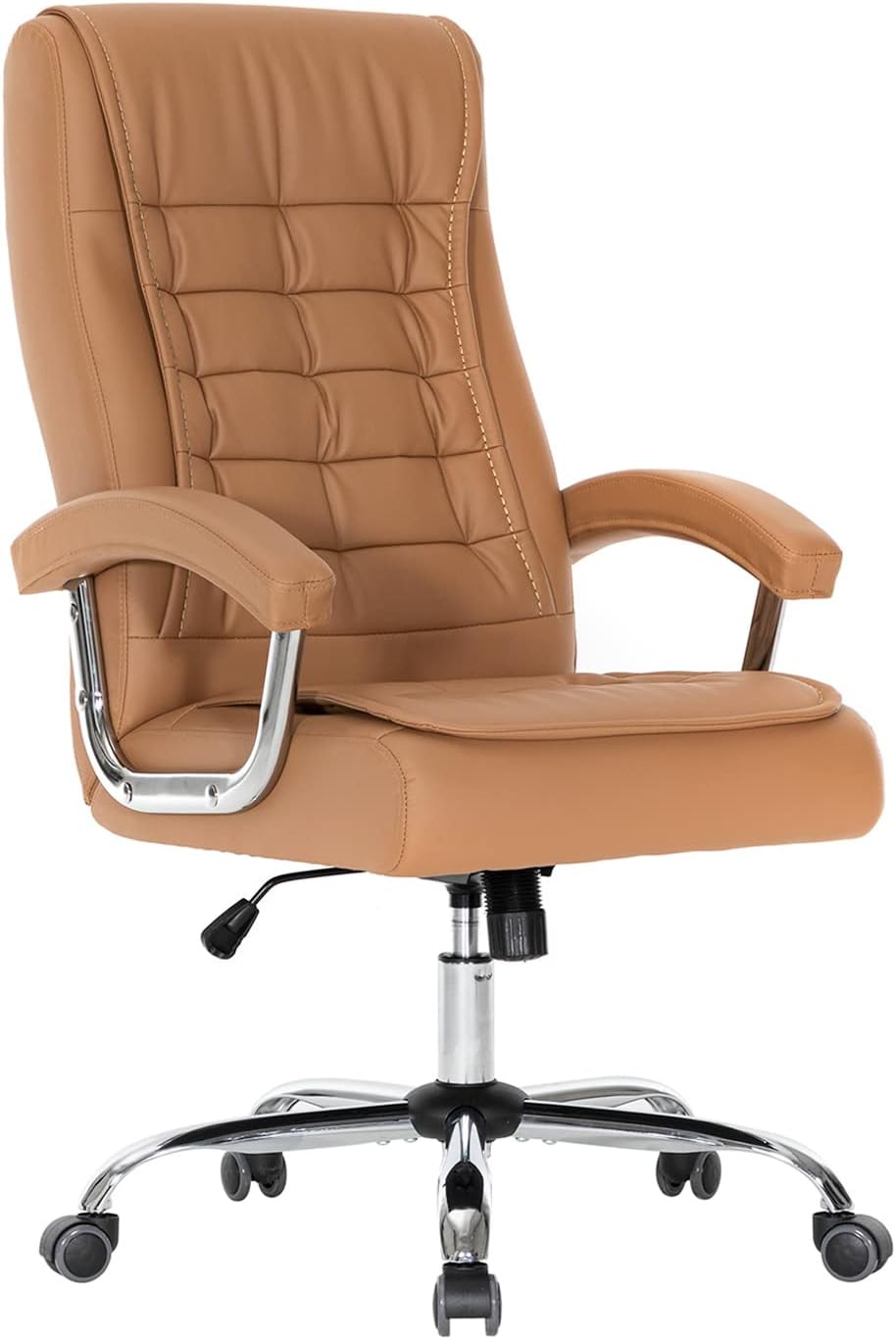 High-back leather office chair with padded armrests and swivel base in khaki โ view 1